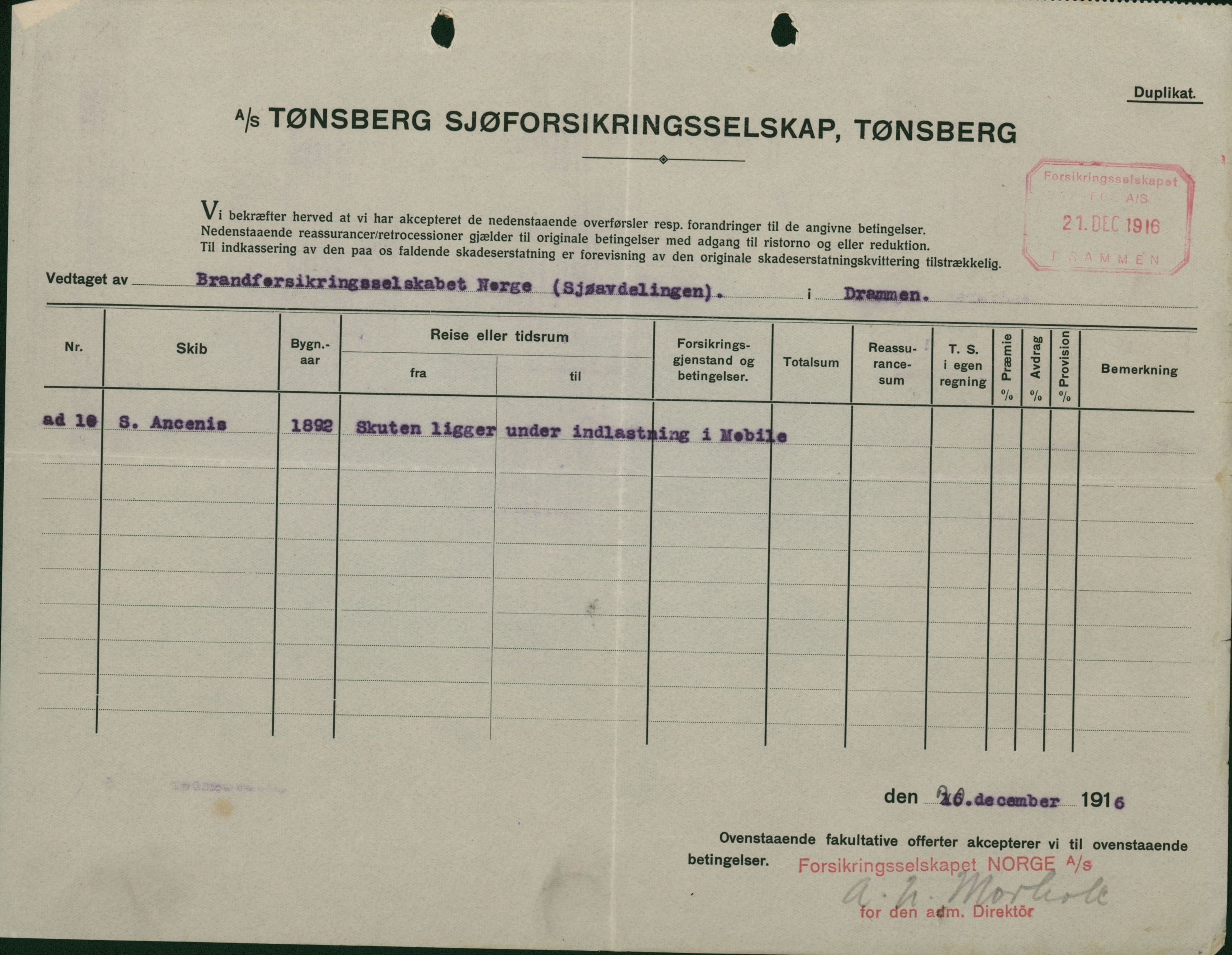 Pa 664 - Tønsberg Sjøforsikringsselskap, VEMU/A-1773/F/L0001: Forsikringspoliser, 1915-1918