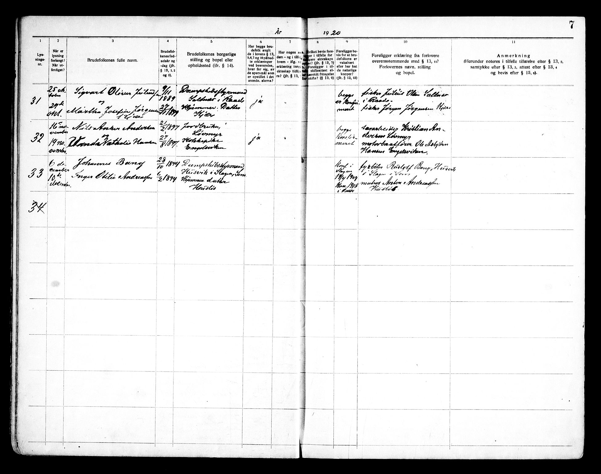 Onsøy prestekontor Kirkebøker, AV/SAO-A-10914/H/Ha/L0001: Lysningsprotokoll nr. I 1, 1919-1956, s. 7