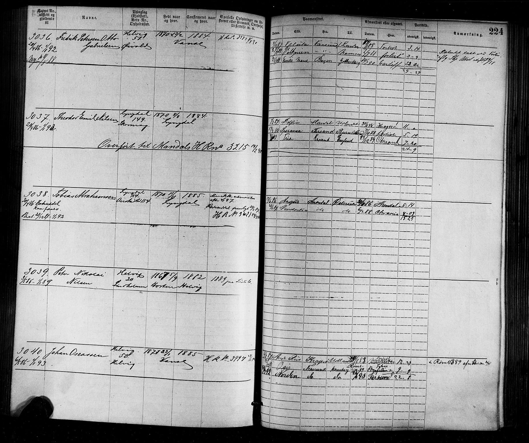 Farsund mønstringskrets, AV/SAK-2031-0017/F/Fa/L0002: Annotasjonsrulle nr 1921-3815 med register, M-2, 1877-1894, s. 254