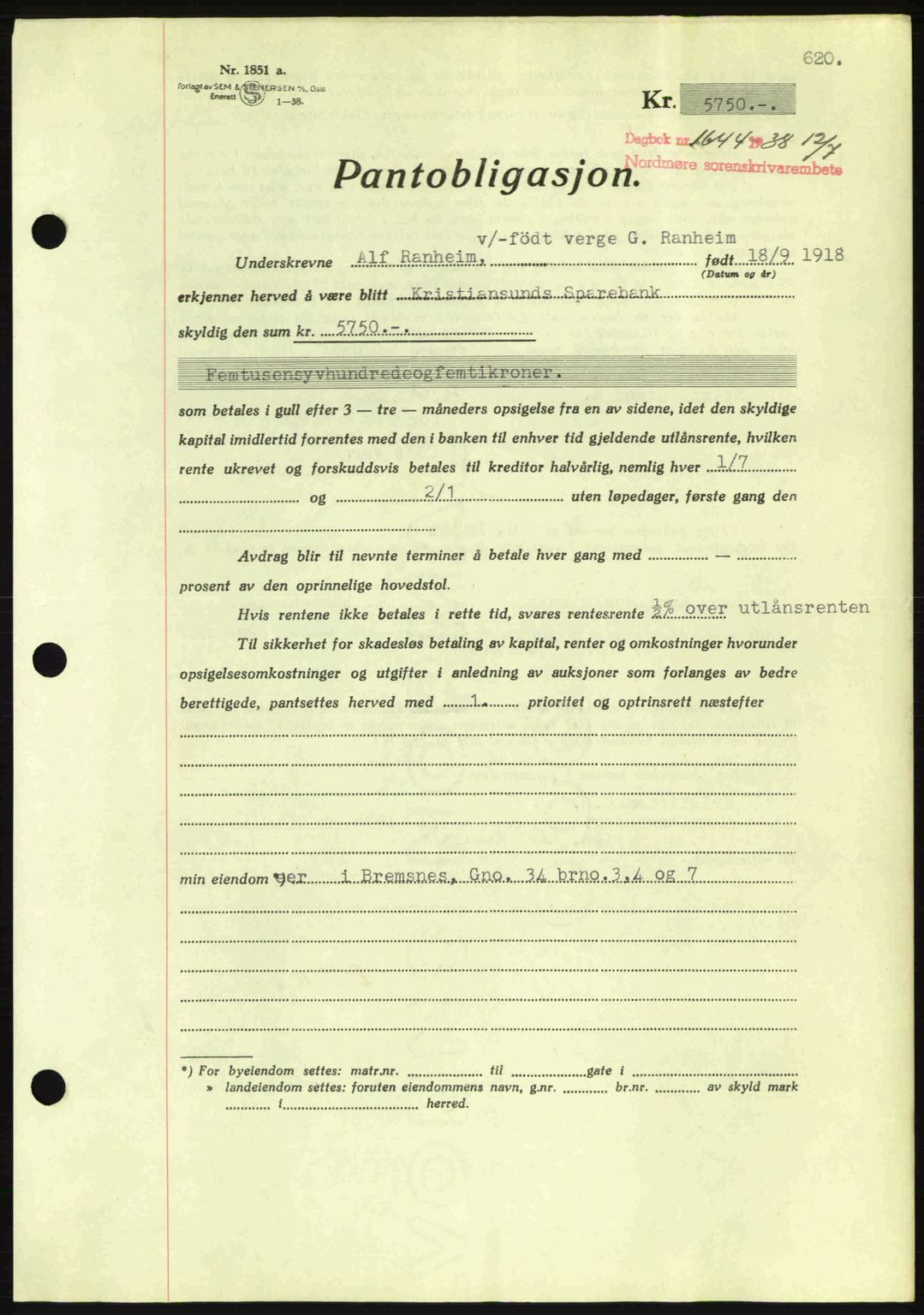 Nordmøre sorenskriveri, AV/SAT-A-4132/1/2/2Ca: Pantebok nr. B83, 1938-1938, Dagboknr: 1644/1938