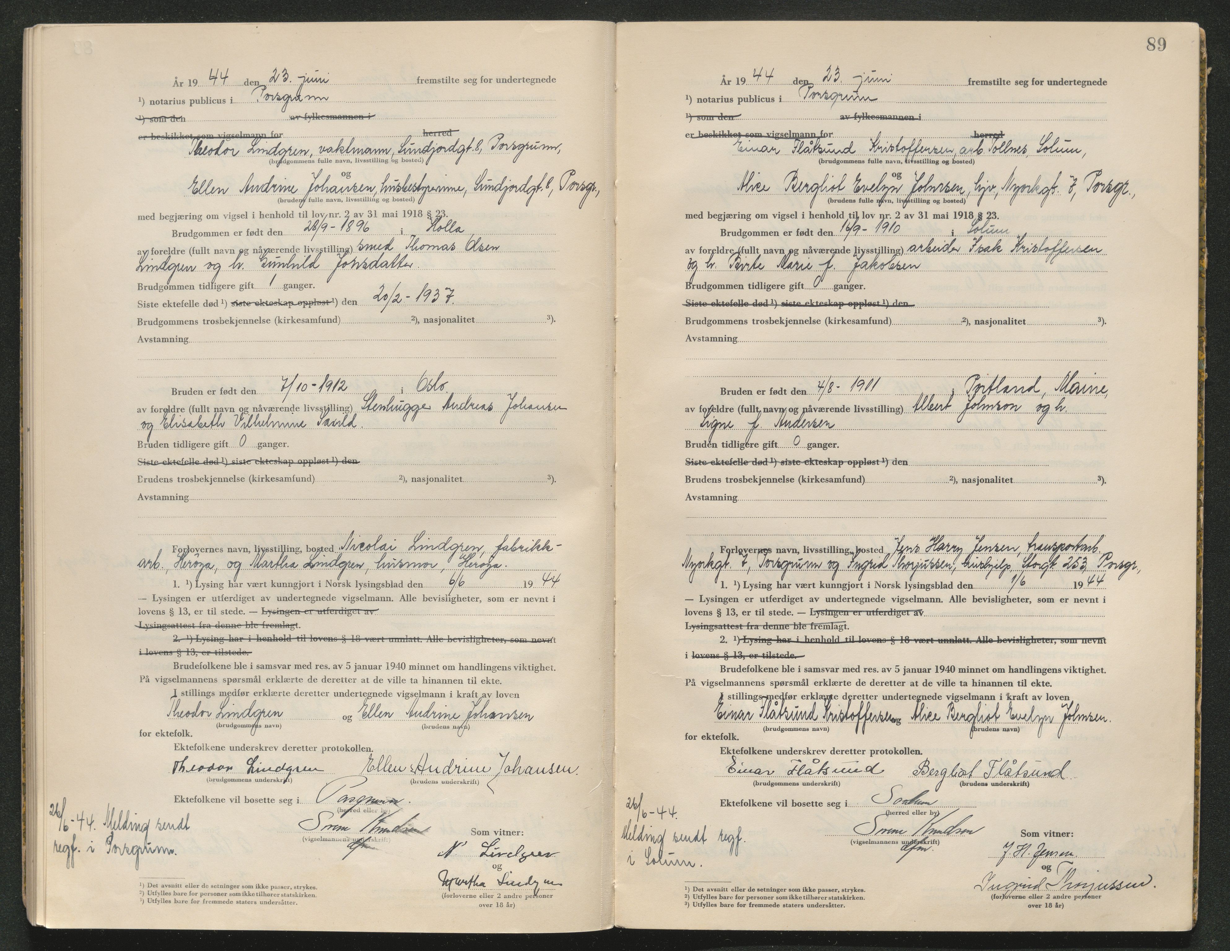 Gjerpen sorenskriveri, SAKO/A-216/L/Lb/L0001: Vigselsprotokoll, 1920-1948, s. 89
