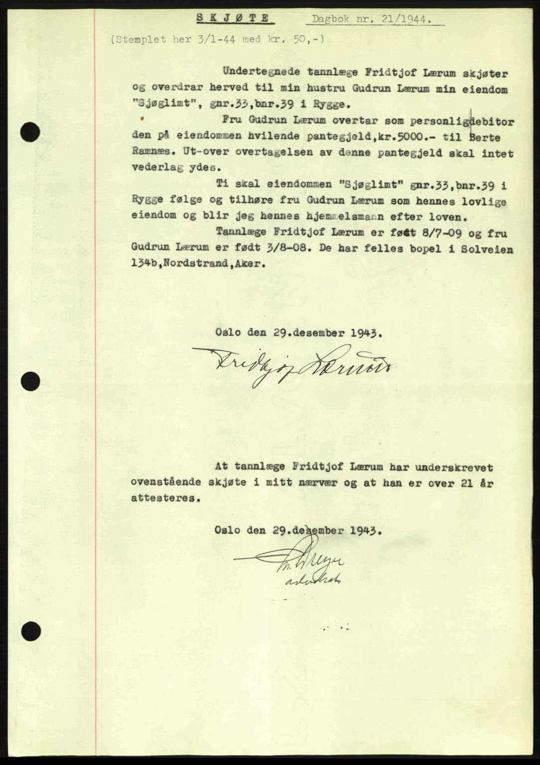 Moss sorenskriveri, SAO/A-10168: Pantebok nr. A12, 1943-1944, Dagboknr: 21/1944