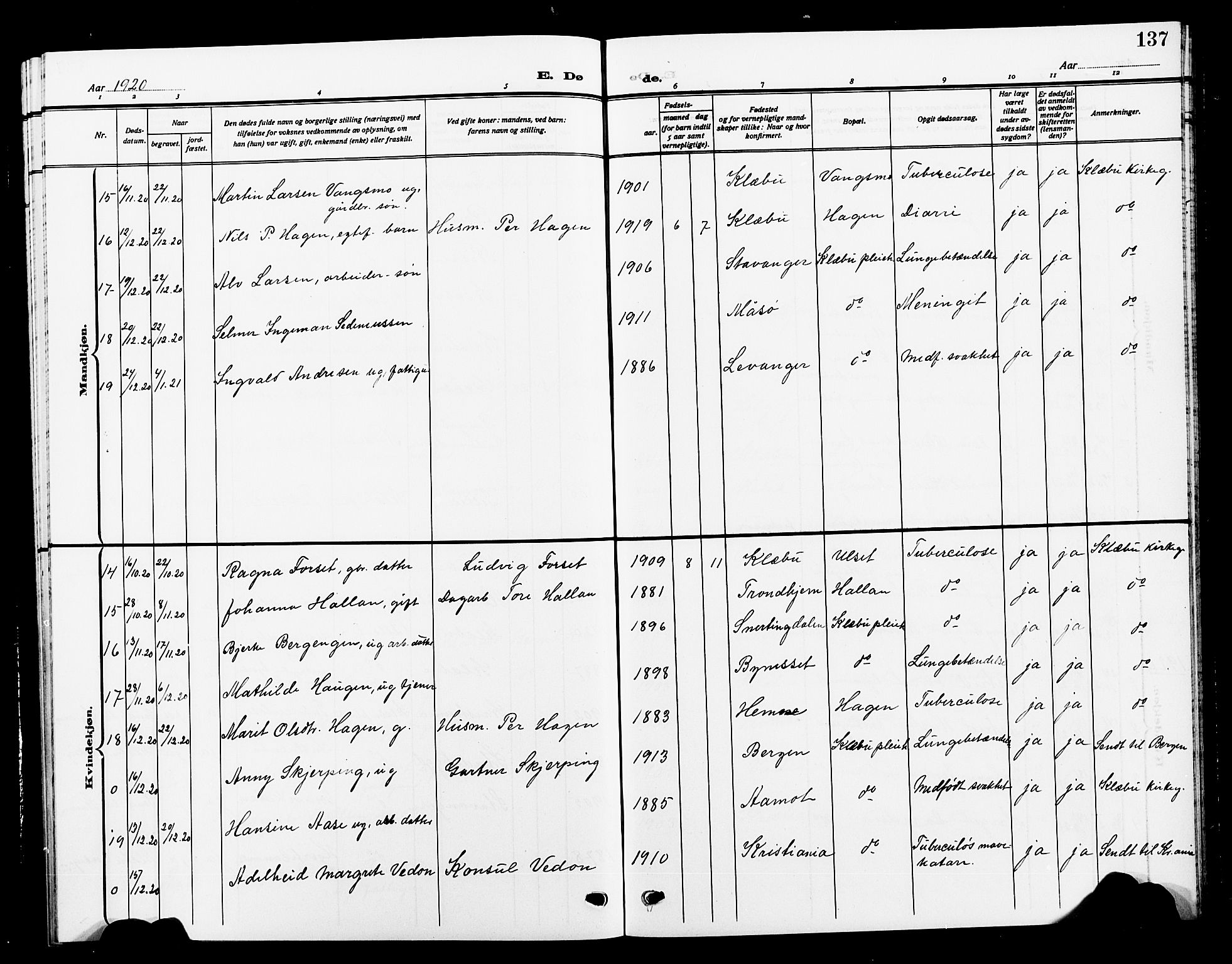 Ministerialprotokoller, klokkerbøker og fødselsregistre - Sør-Trøndelag, SAT/A-1456/618/L0453: Klokkerbok nr. 618C04, 1907-1925, s. 137