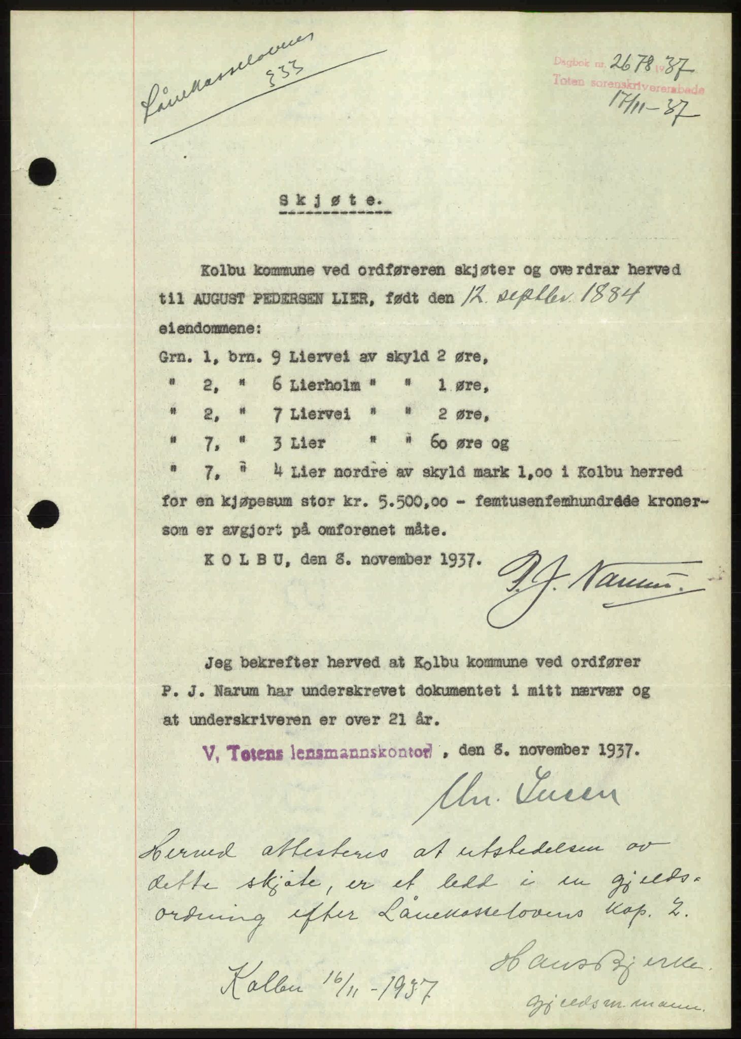 Toten tingrett, SAH/TING-006/H/Hb/Hbc/L0003: Pantebok nr. Hbc-03, 1937-1938, Dagboknr: 2678/1937