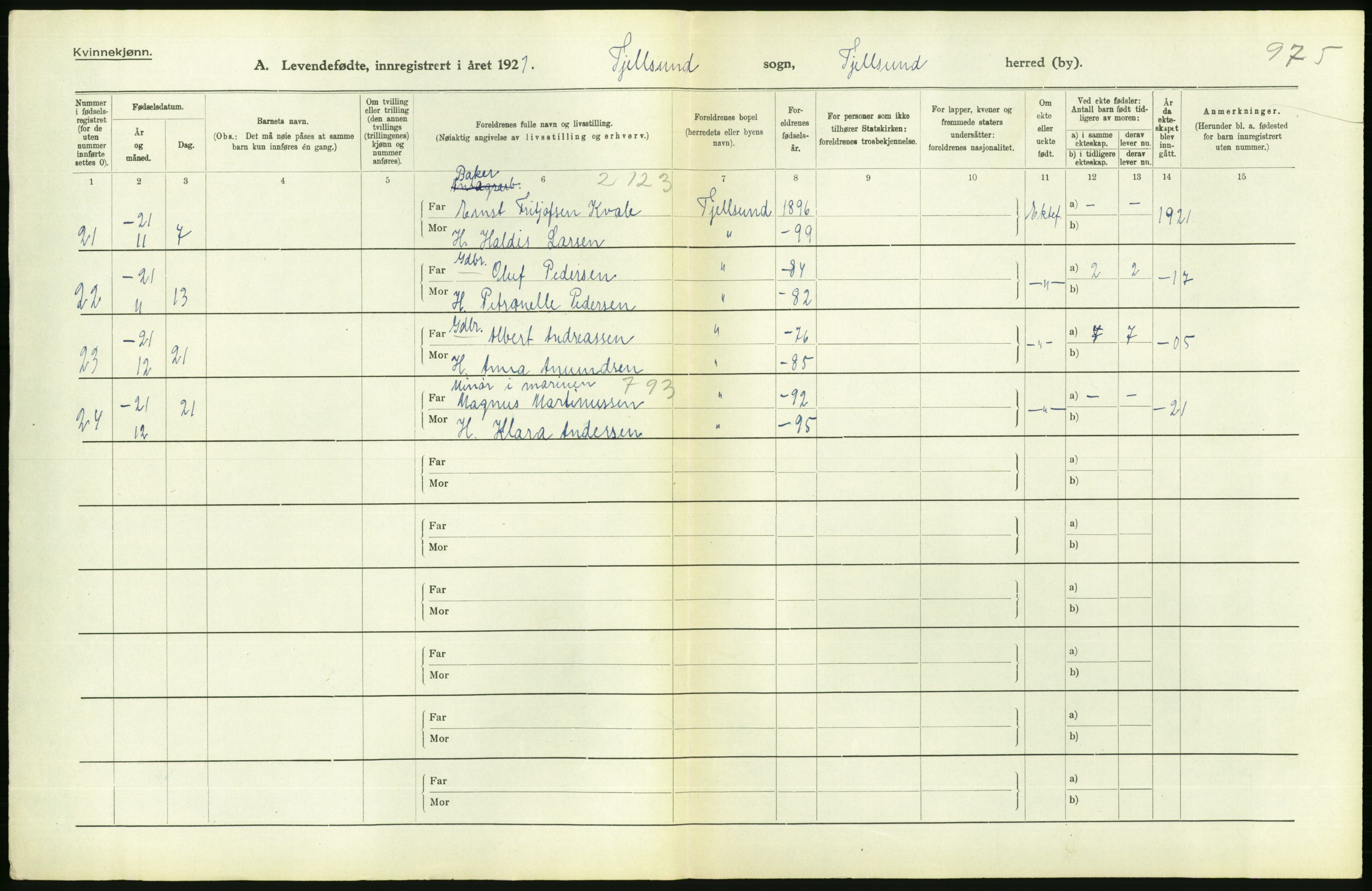 Statistisk sentralbyrå, Sosiodemografiske emner, Befolkning, AV/RA-S-2228/D/Df/Dfc/Dfca/L0049: Nordland fylke: Levendefødte menn og kvinner. Bygder., 1921, s. 304