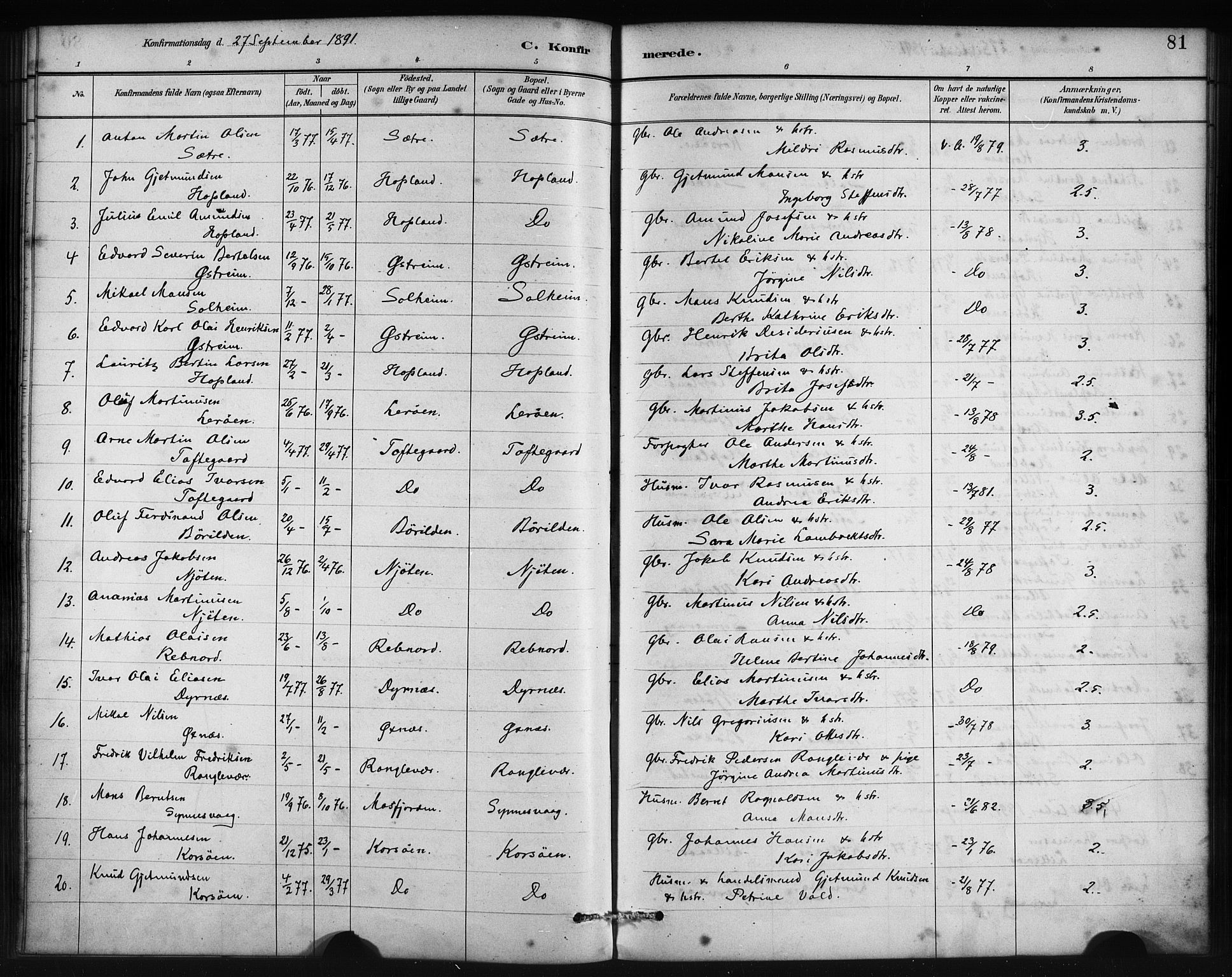 Lindås Sokneprestembete, AV/SAB-A-76701/H/Haa/Haac/L0001: Ministerialbok nr. C 1, 1886-1896, s. 81