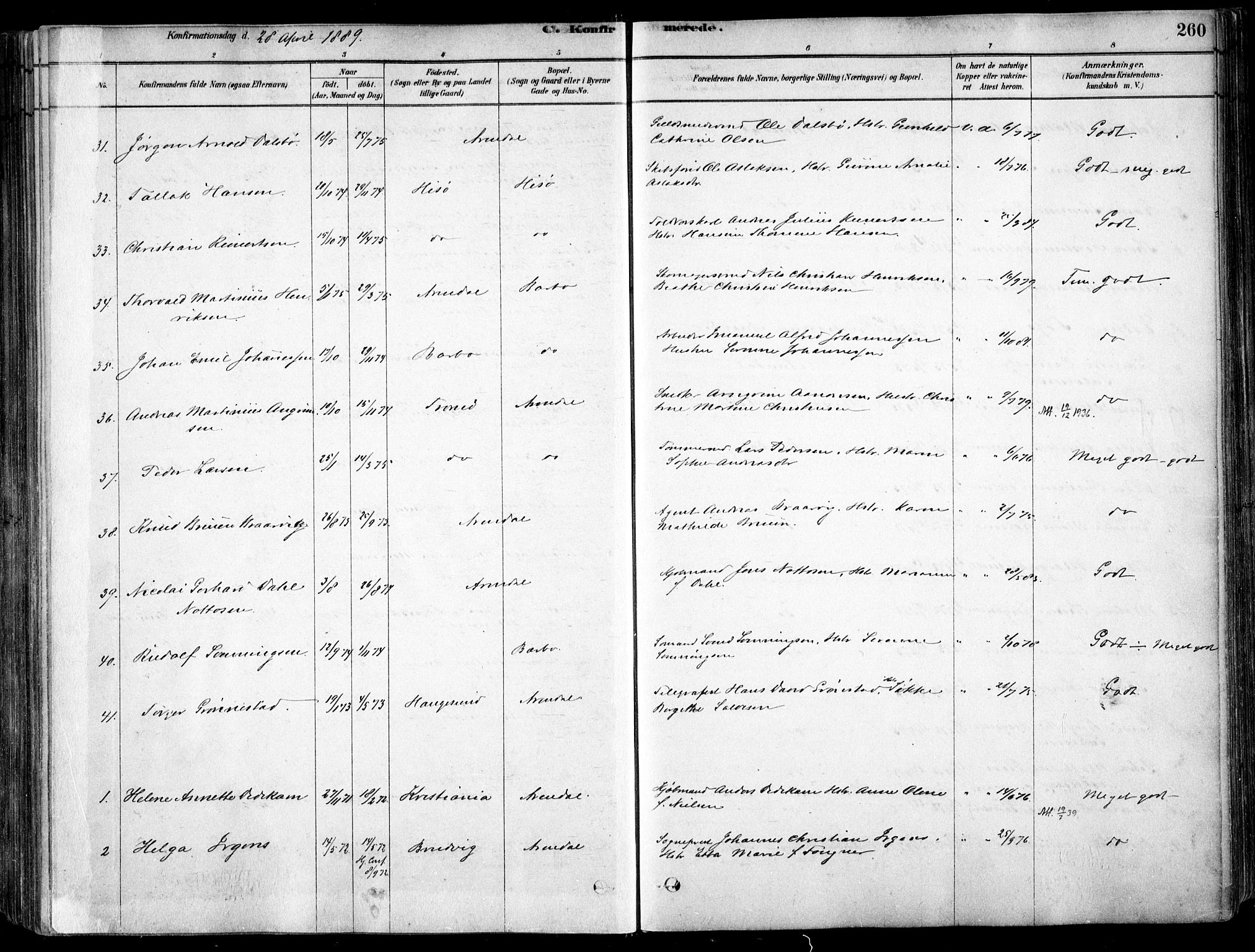 Arendal sokneprestkontor, Trefoldighet, AV/SAK-1111-0040/F/Fa/L0008: Ministerialbok nr. A 8, 1878-1899, s. 260