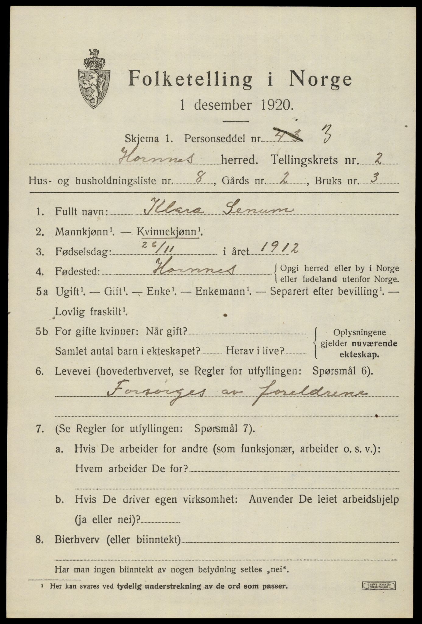 SAK, Folketelling 1920 for 0936 Hornnes herred, 1920, s. 785