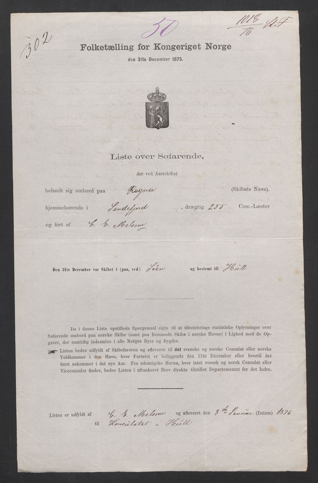 RA, Folketelling 1875, skipslister: Skip i utenrikske havner, hjemmehørende i byer og ladesteder, Fredrikshald - Arendal, 1875, s. 575