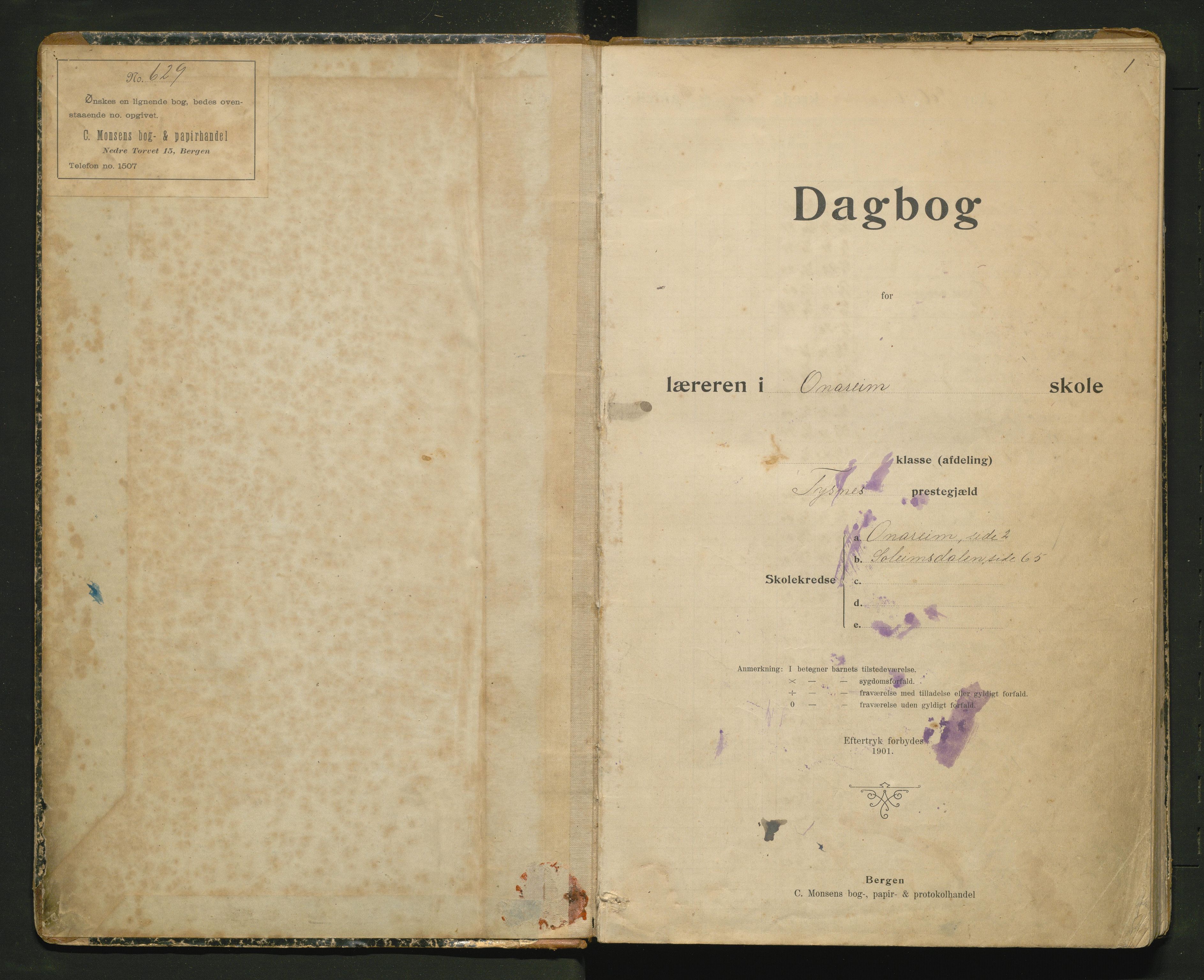 Tysnes kommune. Barneskulane, IKAH/1223-231/G/Ga/Gab/L0006: Dagbok for Onarheim og Solheimsdalen krinsar, 1906-1923