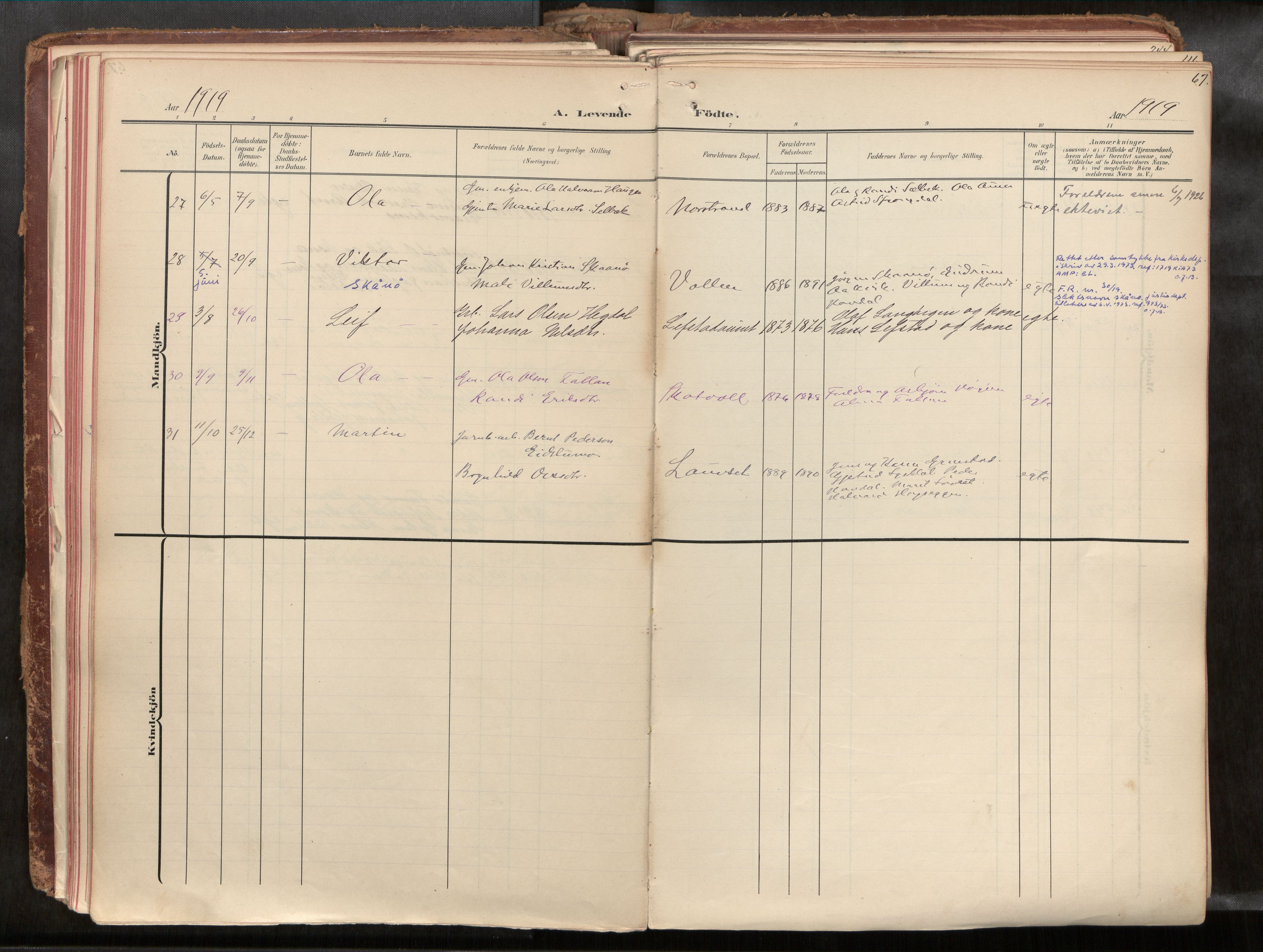 Ministerialprotokoller, klokkerbøker og fødselsregistre - Sør-Trøndelag, SAT/A-1456/691/L1085b: Ministerialbok nr. 691A18, 1908-1930, s. 67