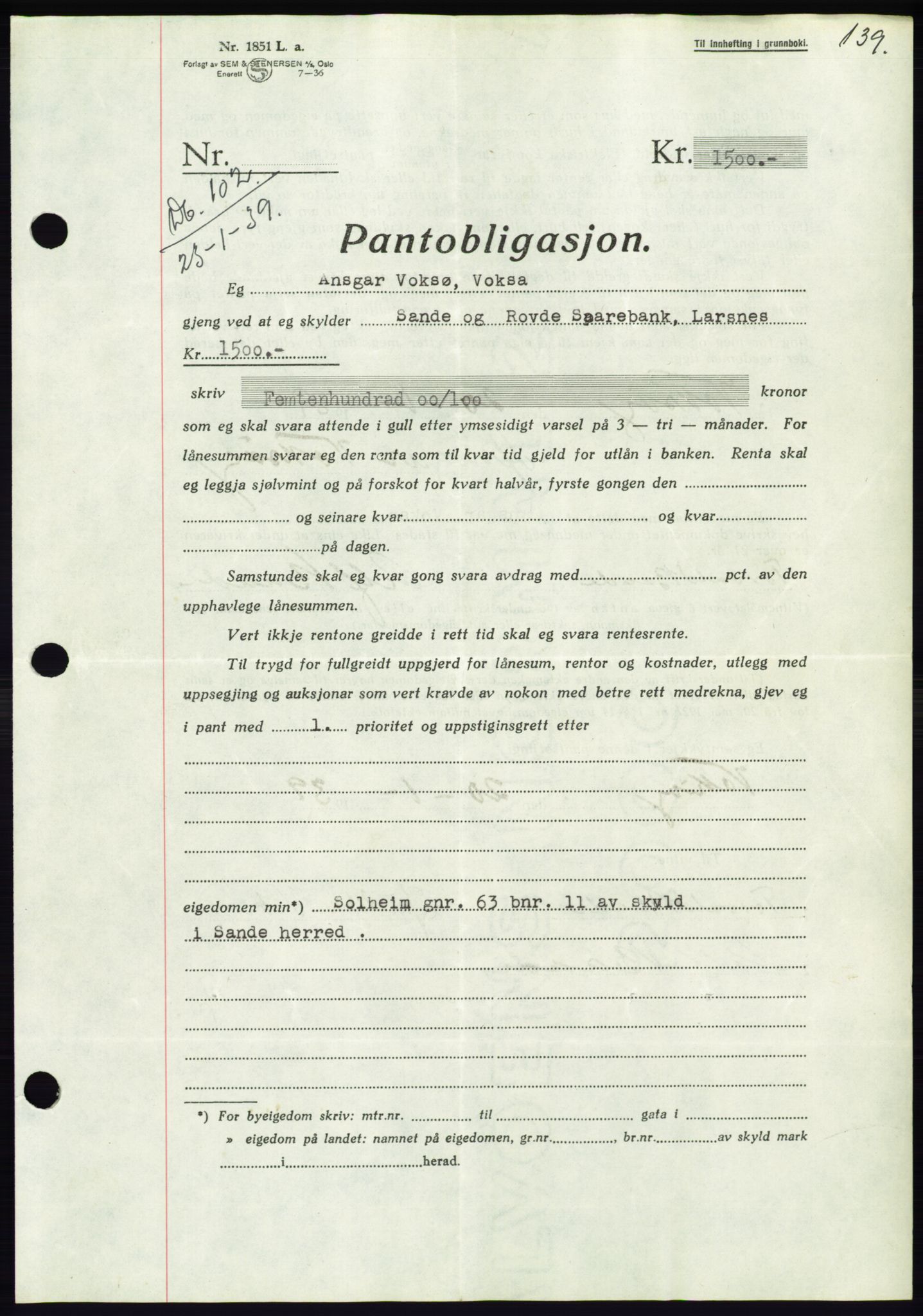 Søre Sunnmøre sorenskriveri, AV/SAT-A-4122/1/2/2C/L0067: Pantebok nr. 61, 1938-1939, Dagboknr: 102/1939