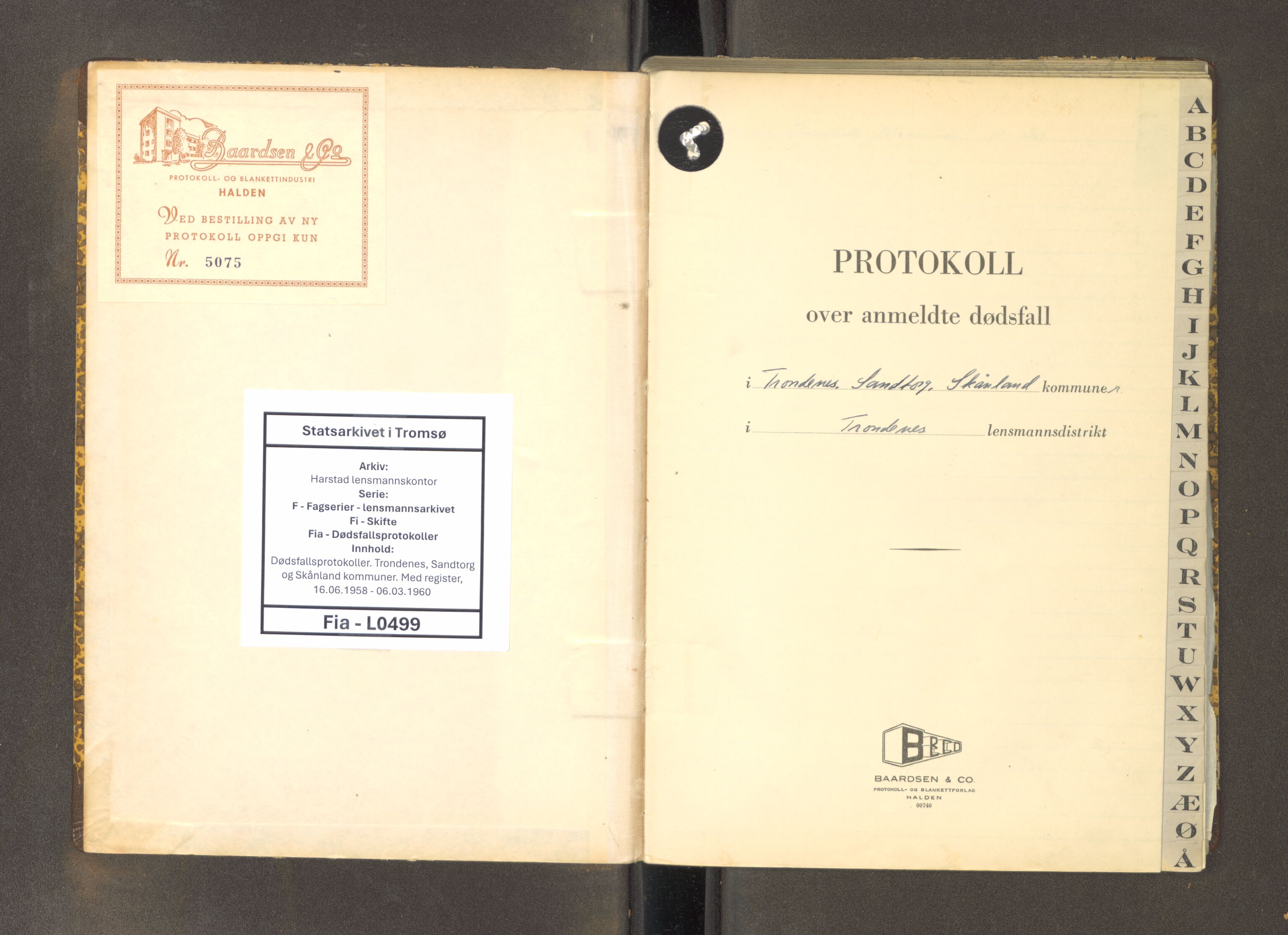 Harstad lensmannskontor, AV/SATØ-SATØ-10/F/Fi/Fia/L0499: Dødsfallsprotokoller. Trondenes, Sandtorg og Skånland kommuner. Med register, 1958-1960