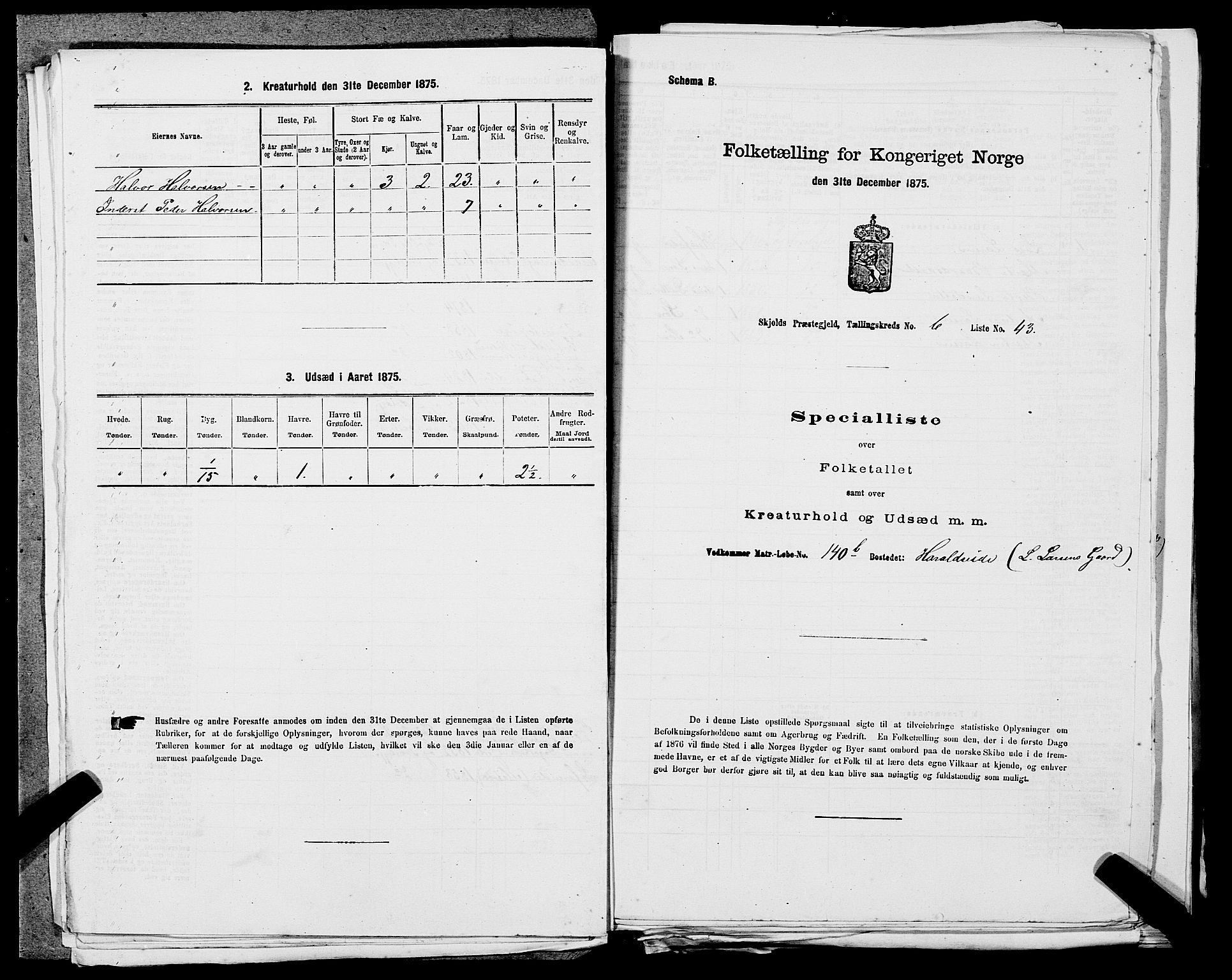 SAST, Folketelling 1875 for 1154P Skjold prestegjeld, 1875, s. 605