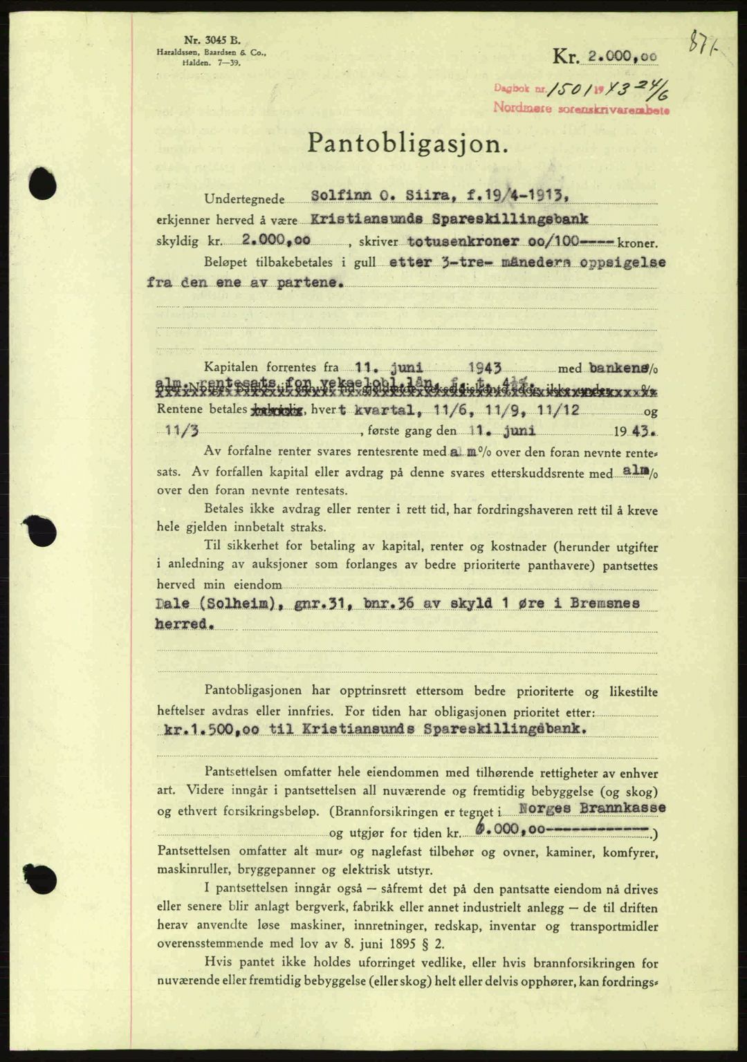 Nordmøre sorenskriveri, SAT/A-4132/1/2/2Ca: Pantebok nr. B90, 1942-1943, Dagboknr: 1501/1943