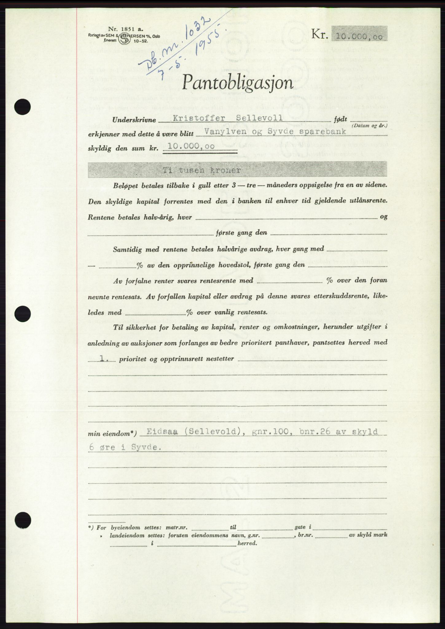 Søre Sunnmøre sorenskriveri, AV/SAT-A-4122/1/2/2C/L0126: Pantebok nr. 14B, 1954-1955, Dagboknr: 1032/1955