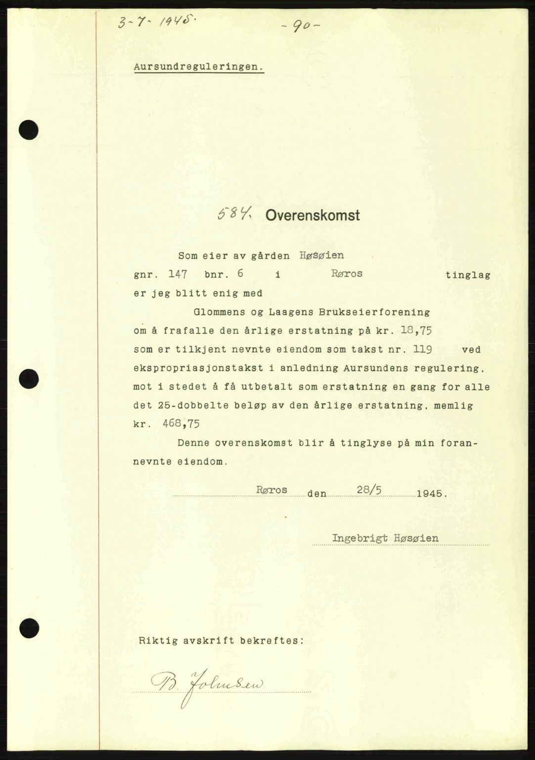 Gauldal sorenskriveri, SAT/A-0014/1/2/2C: Pantebok nr. A1a, 1945-1945, Dagboknr: 584/1945