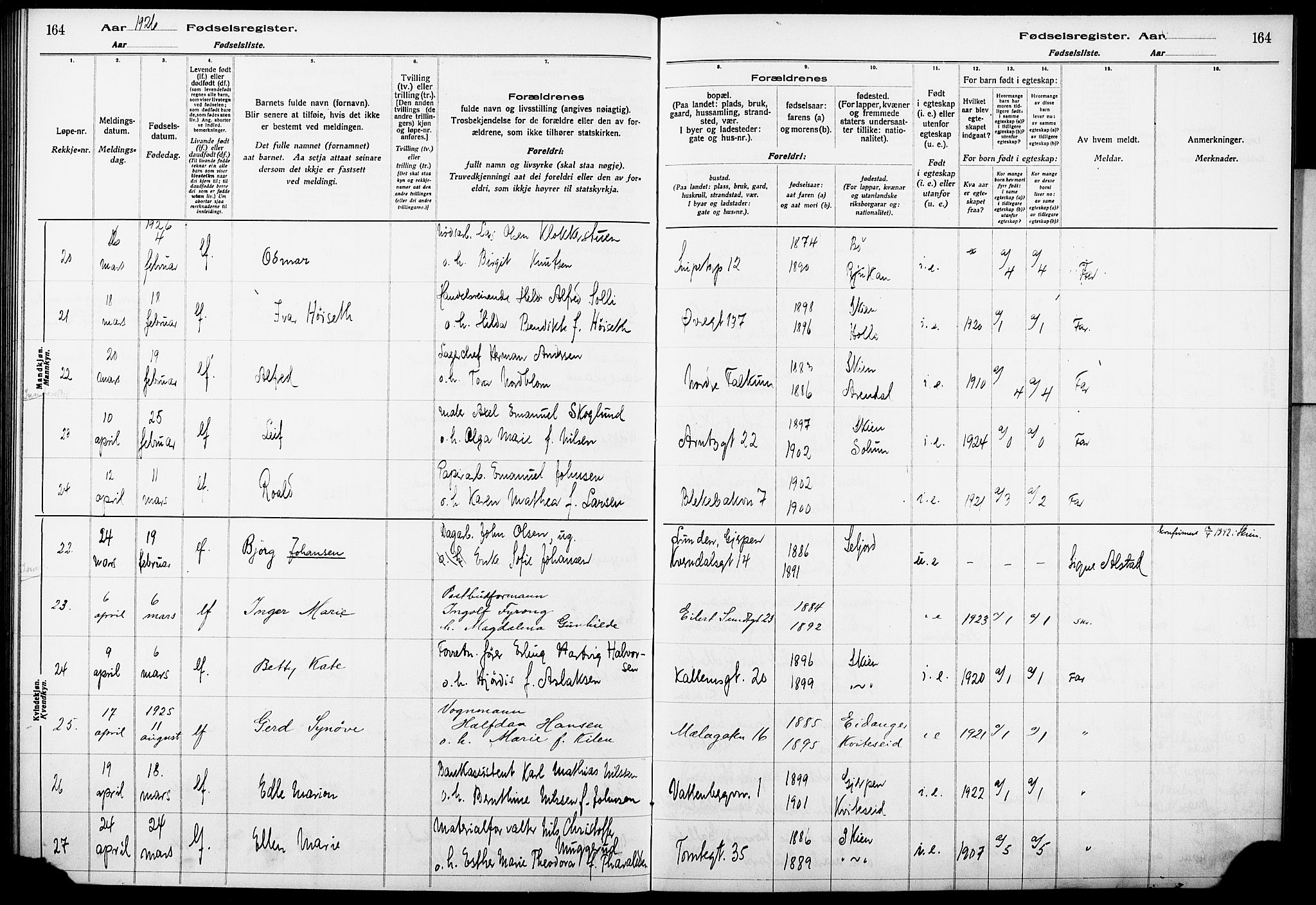 Skien kirkebøker, AV/SAKO-A-302/J/Ja/L0002: Fødselsregister nr. 2, 1921-1927, s. 164