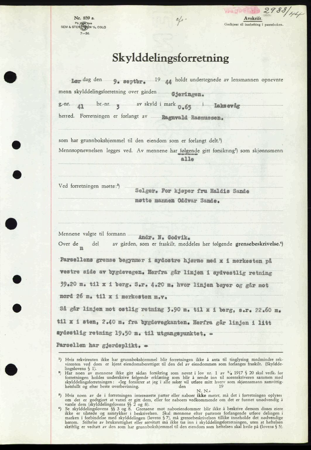 Midhordland sorenskriveri, SAB/A-3001/1/G/Gb/Gbk/L0008: Pantebok nr. A36-41, 1944-1945, Dagboknr: 2988/1944