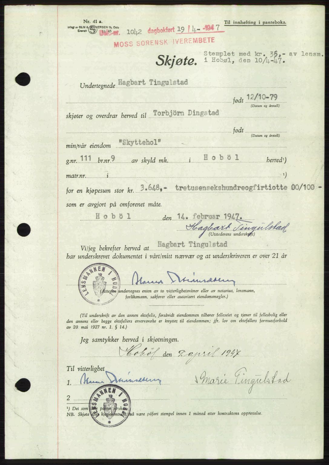 Moss sorenskriveri, SAO/A-10168: Pantebok nr. A17, 1947-1947, Dagboknr: 1042/1947
