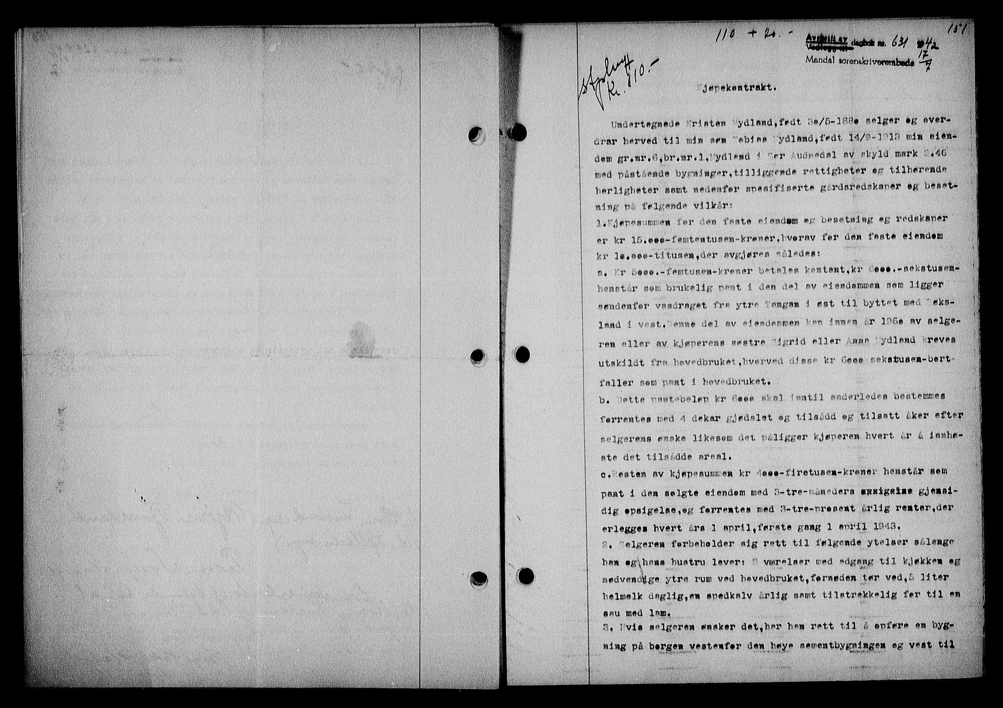 Mandal sorenskriveri, SAK/1221-0005/001/G/Gb/Gba/L0074: Pantebok nr. A-11, 1942-1943, Dagboknr: 631/1942