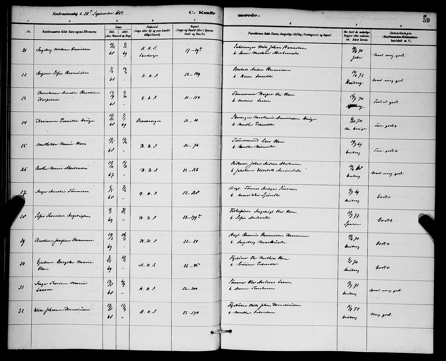 Korskirken sokneprestembete, SAB/A-76101/H/Hab: Klokkerbok nr. C 3, 1880-1892, s. 59