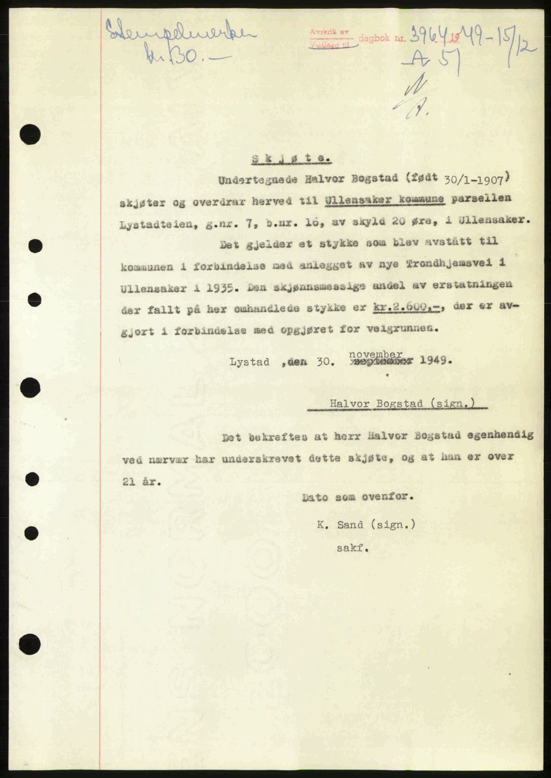 Eidsvoll tingrett, AV/SAO-A-10371/G/Gb/Gbb/L0023: Pantebok nr. A51, 1949-1950, Dagboknr: 3964/1949