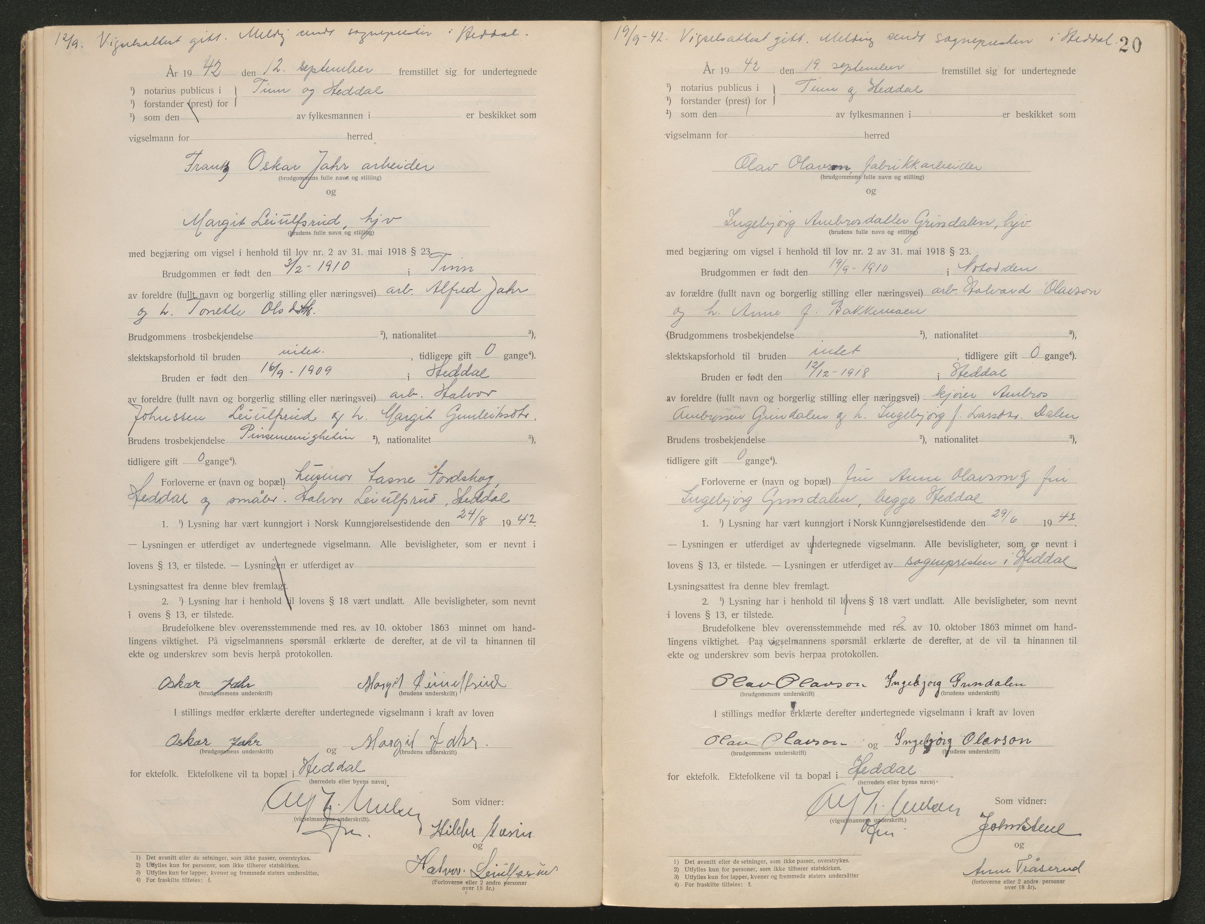 Tinn og Heddal sorenskriveri, AV/SAKO-A-212/L/La/L0003: Vigselsbok - , 1920-1945, s. 20