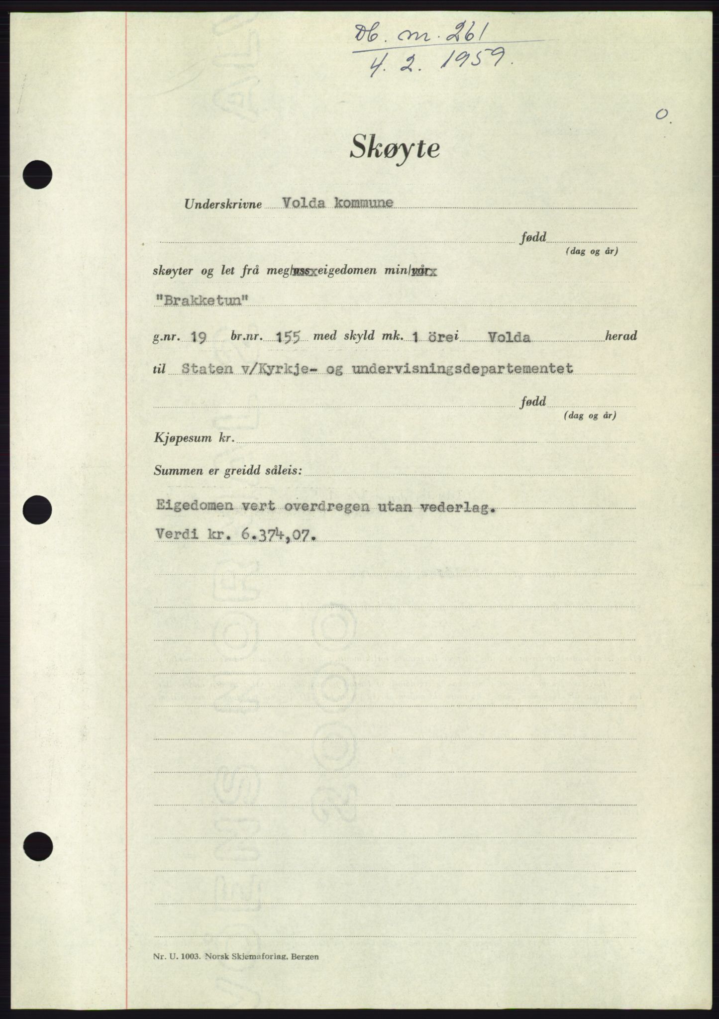 Søre Sunnmøre sorenskriveri, SAT/A-4122/1/2/2C/L0111: Pantebok nr. 37A, 1958-1959, Dagboknr: 261/1959
