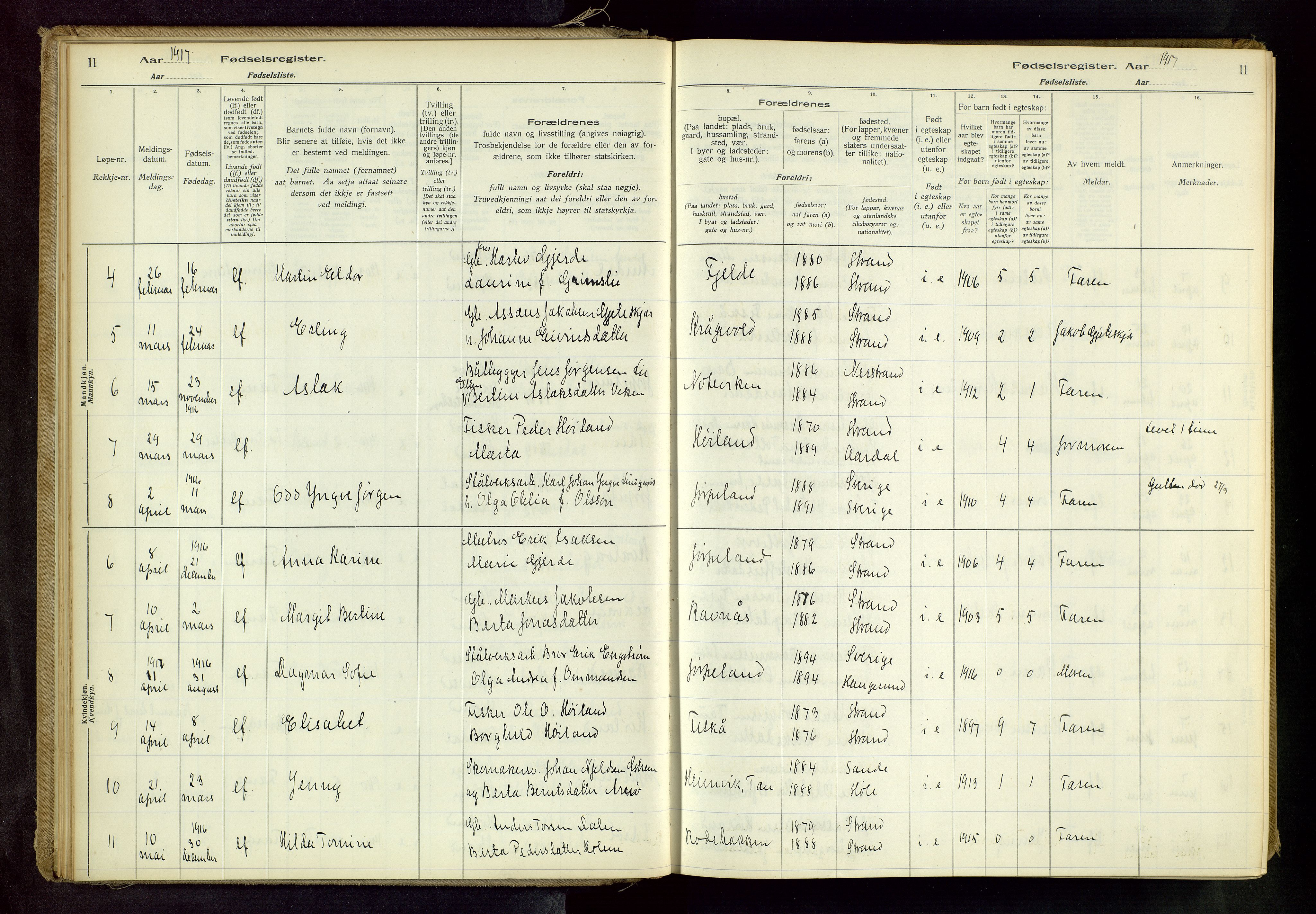 Strand sokneprestkontor, SAST/A-101828/I/Id/L0001: Fødselsregister nr. 1, 1916-1938, s. 11