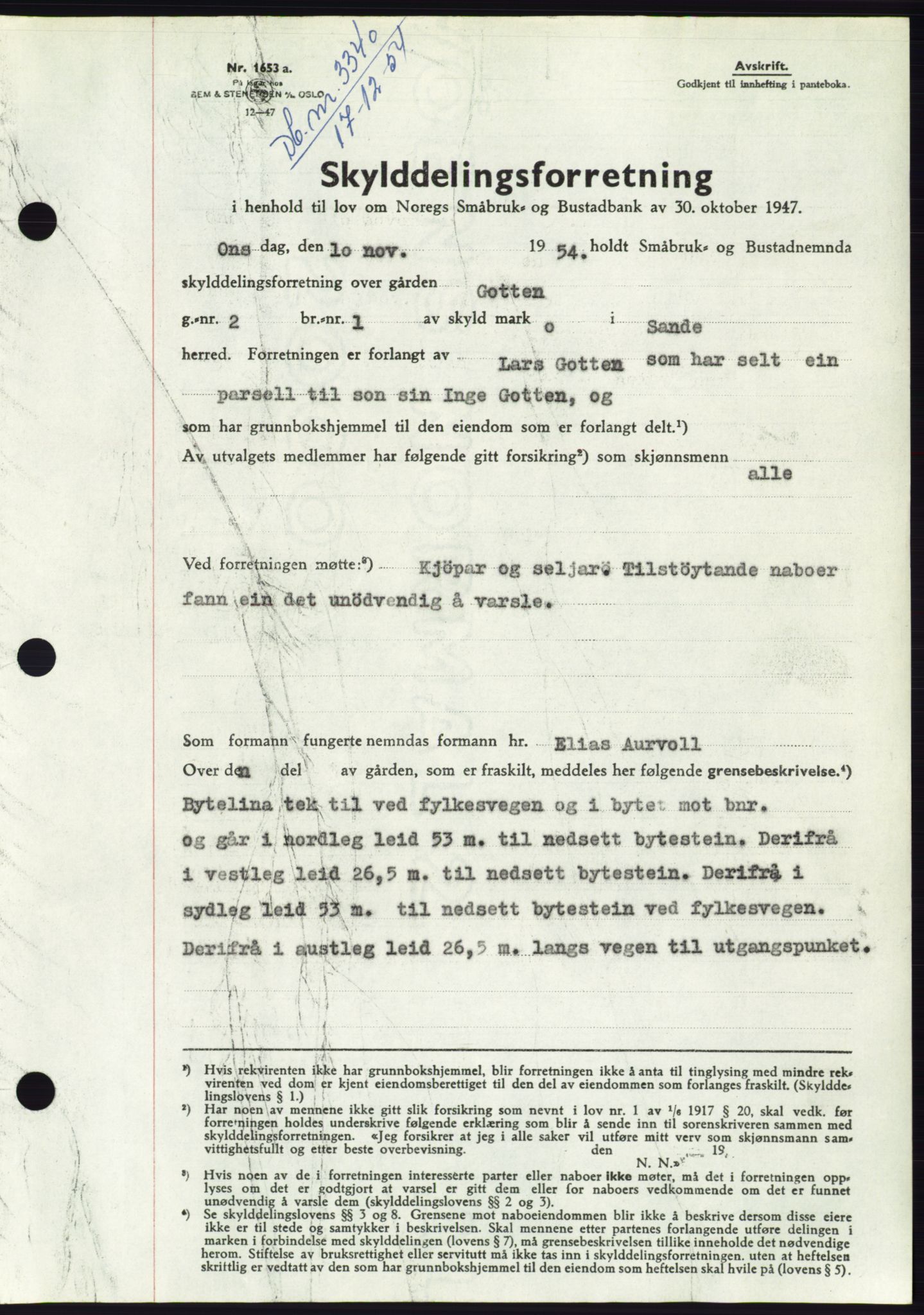 Søre Sunnmøre sorenskriveri, AV/SAT-A-4122/1/2/2C/L0099: Pantebok nr. 25A, 1954-1954, Dagboknr: 3340/1954