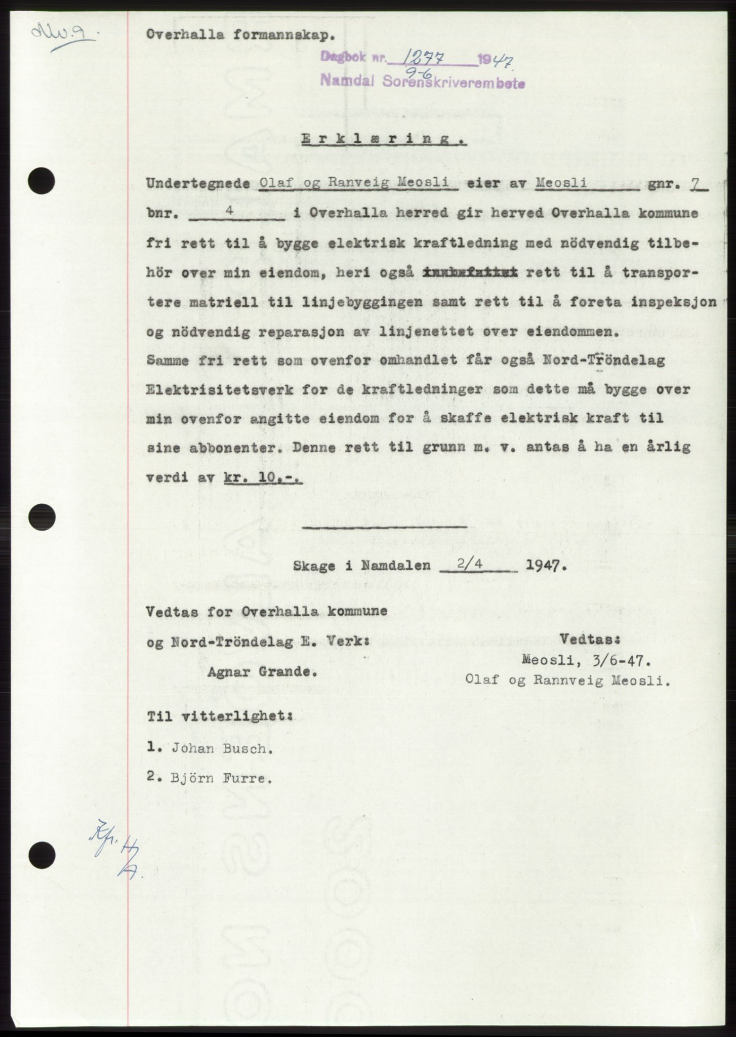 Namdal sorenskriveri, SAT/A-4133/1/2/2C: Pantebok nr. -, 1947-1947, Dagboknr: 1277/1947