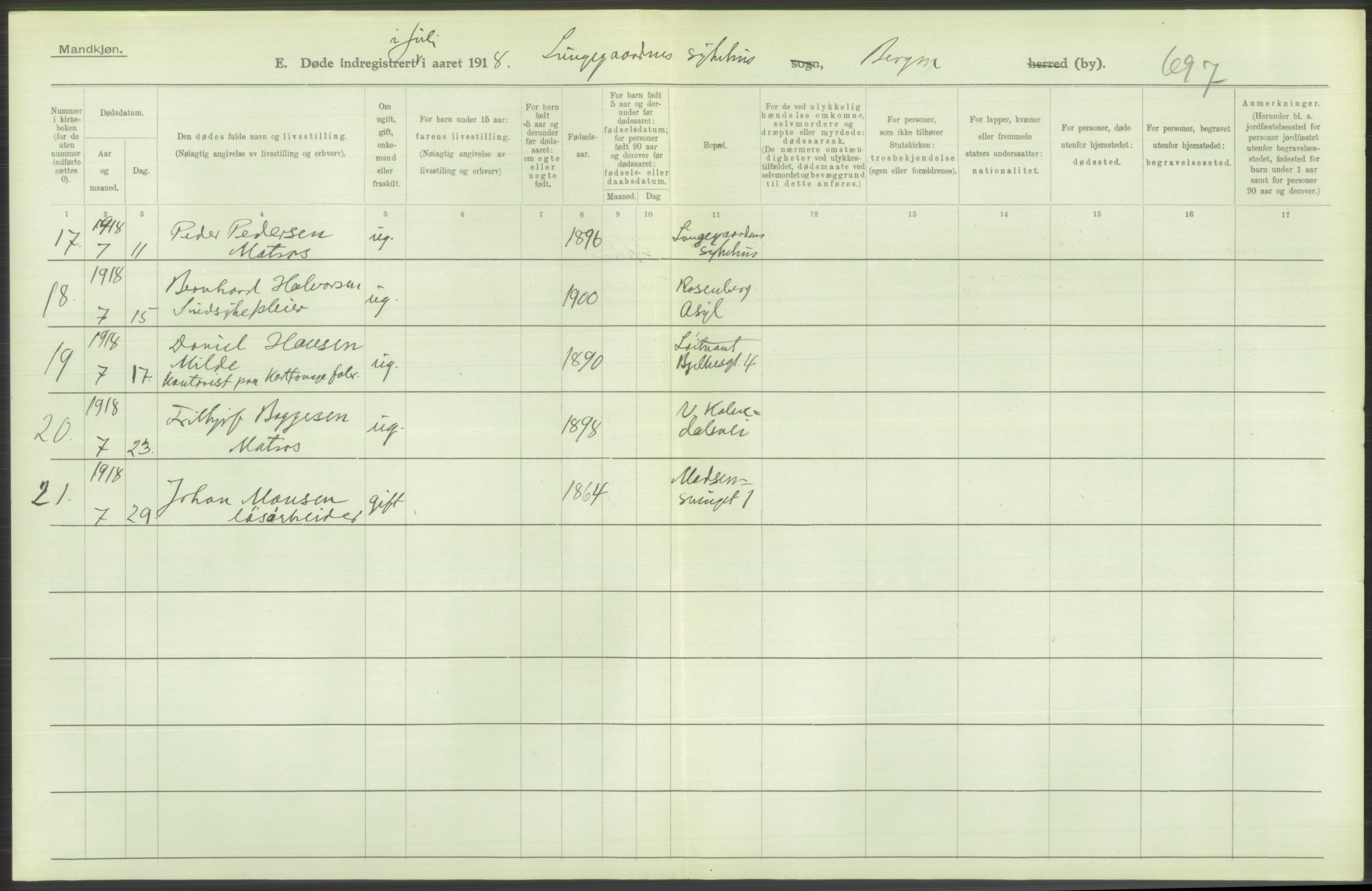 Statistisk sentralbyrå, Sosiodemografiske emner, Befolkning, AV/RA-S-2228/D/Df/Dfb/Dfbh/L0039: Bergen: Døde., 1918, s. 176