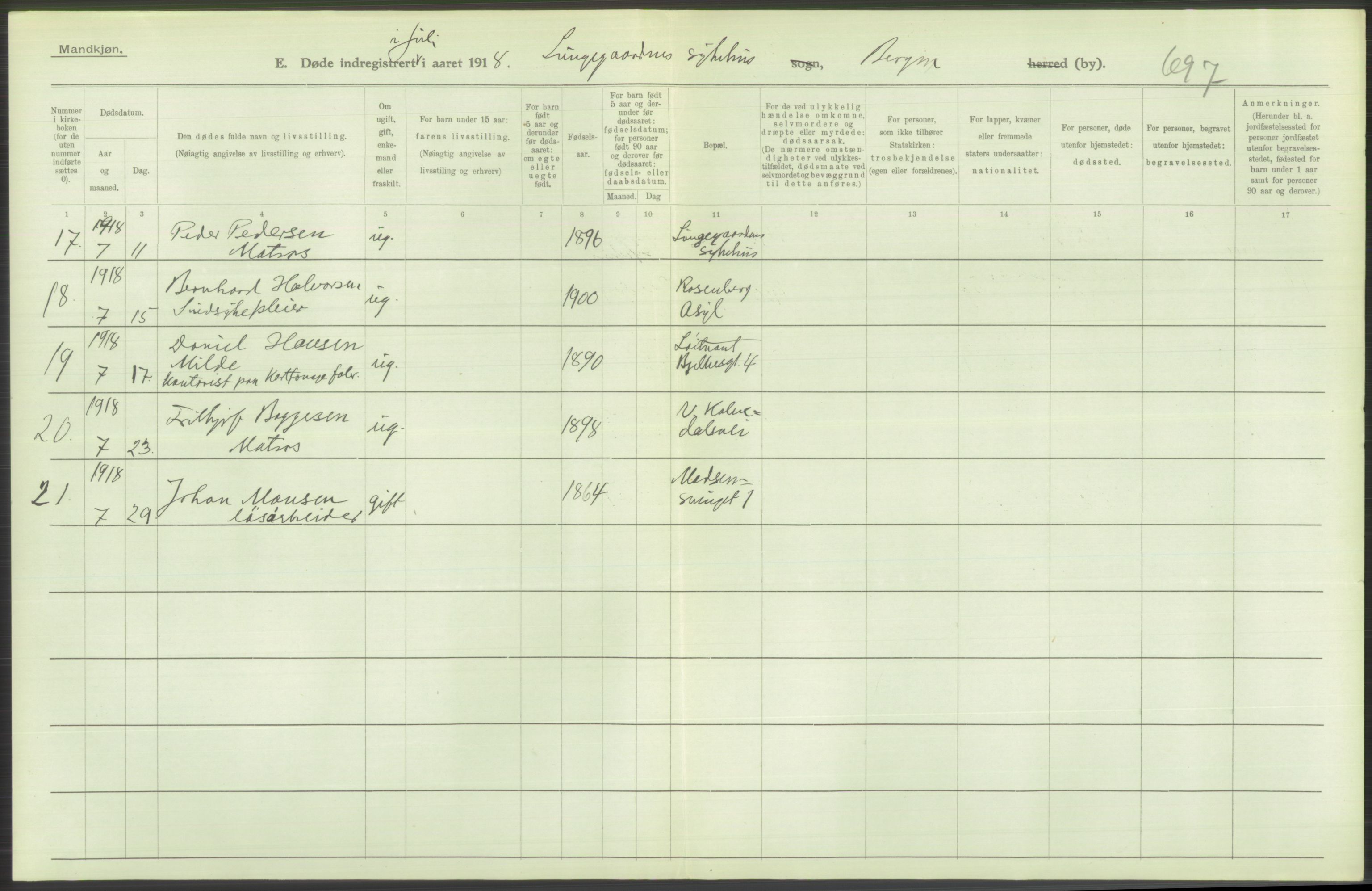 Statistisk sentralbyrå, Sosiodemografiske emner, Befolkning, RA/S-2228/D/Df/Dfb/Dfbh/L0039: Bergen: Døde., 1918, s. 176