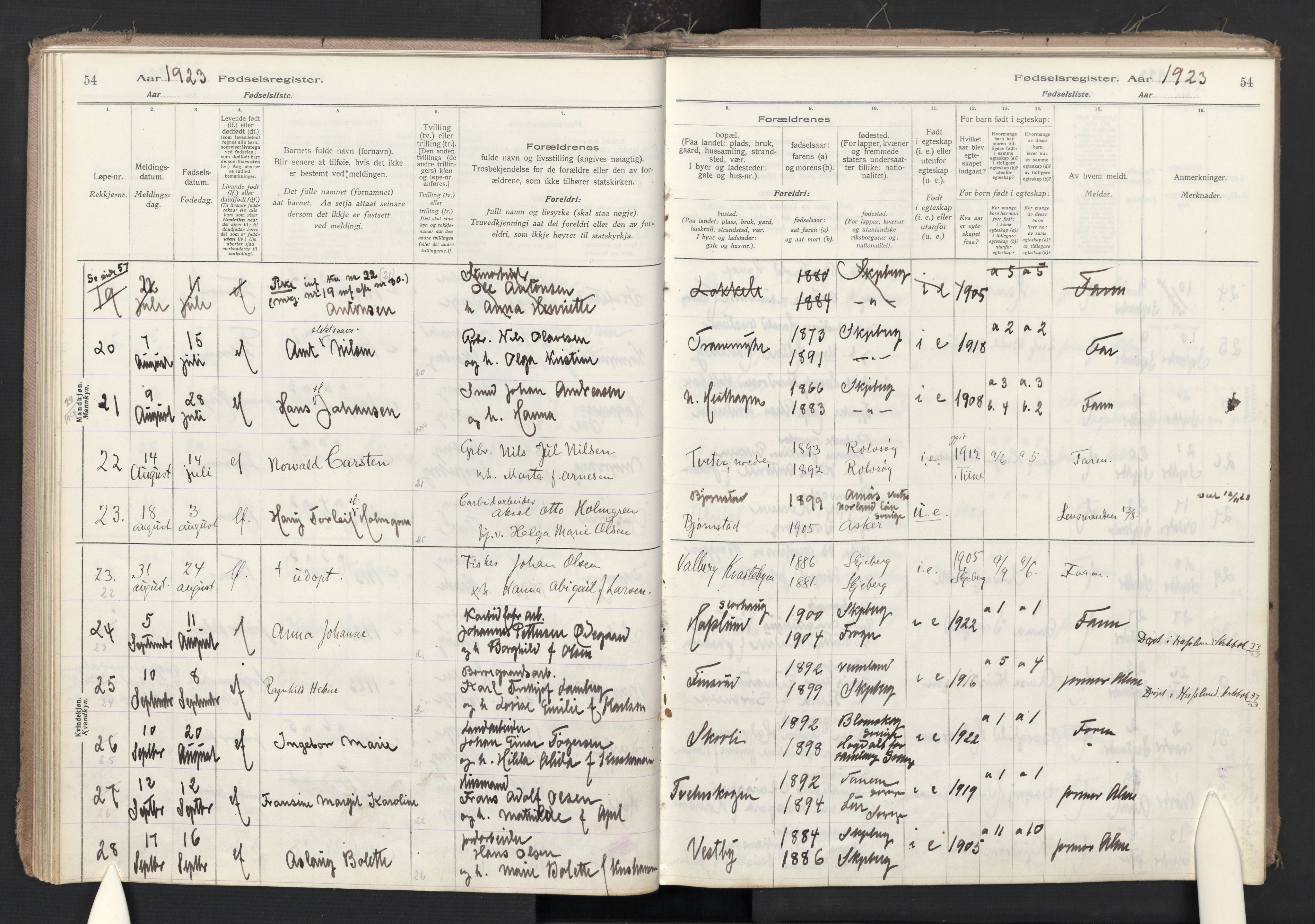 Skjeberg prestekontor Kirkebøker, AV/SAO-A-10923/J/Ja/L0001: Fødselsregister nr. I 1, 1916-1945, s. 54