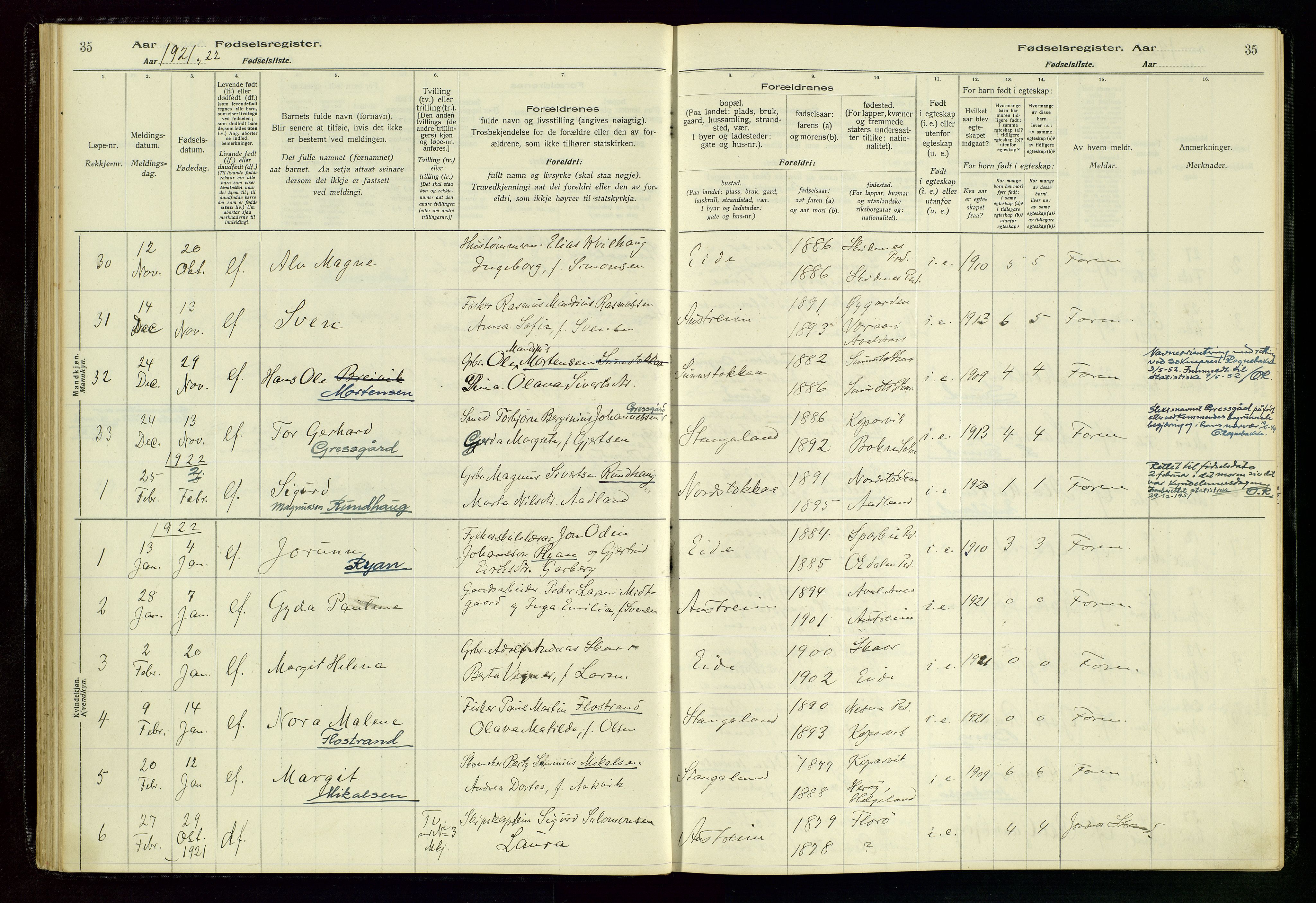 Kopervik sokneprestkontor, SAST/A-101850/I/Id/L0004: Fødselsregister nr. 4, 1916-1958, s. 35