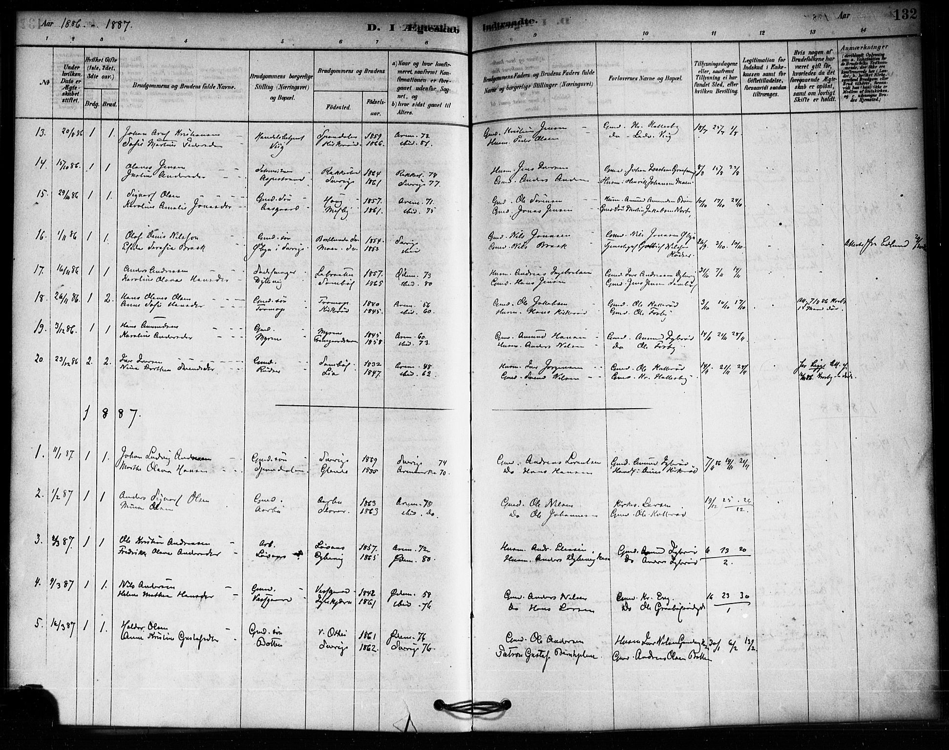 Aremark prestekontor Kirkebøker, SAO/A-10899/F/Fa/L0005: Ministerialbok nr. I 5, 1878-1897, s. 132