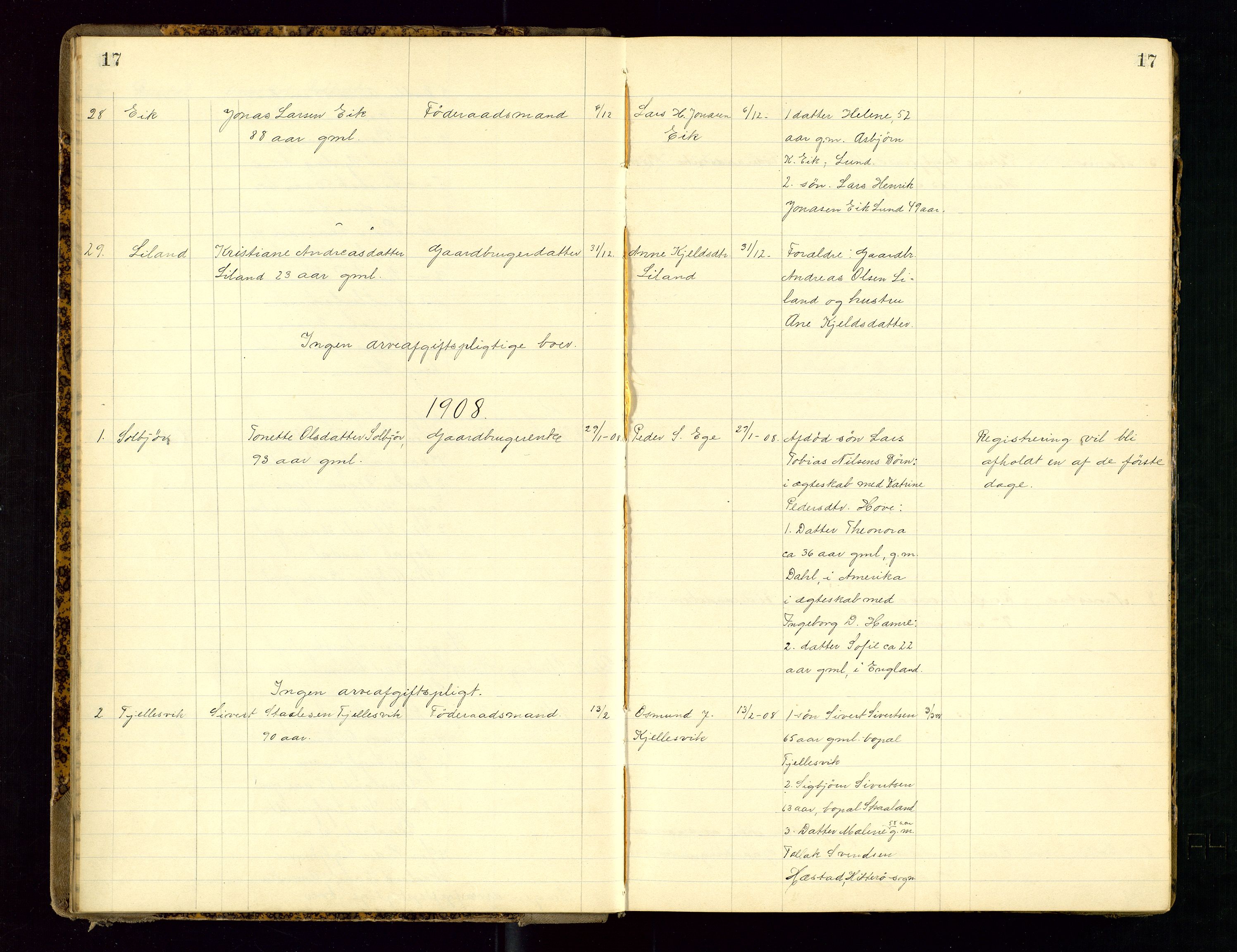 Dalane sorenskriveri, AV/SAST-A-100309/001/5/52/L0001: DØDSFALLPROTOKOLL, 1904-1911, s. 17