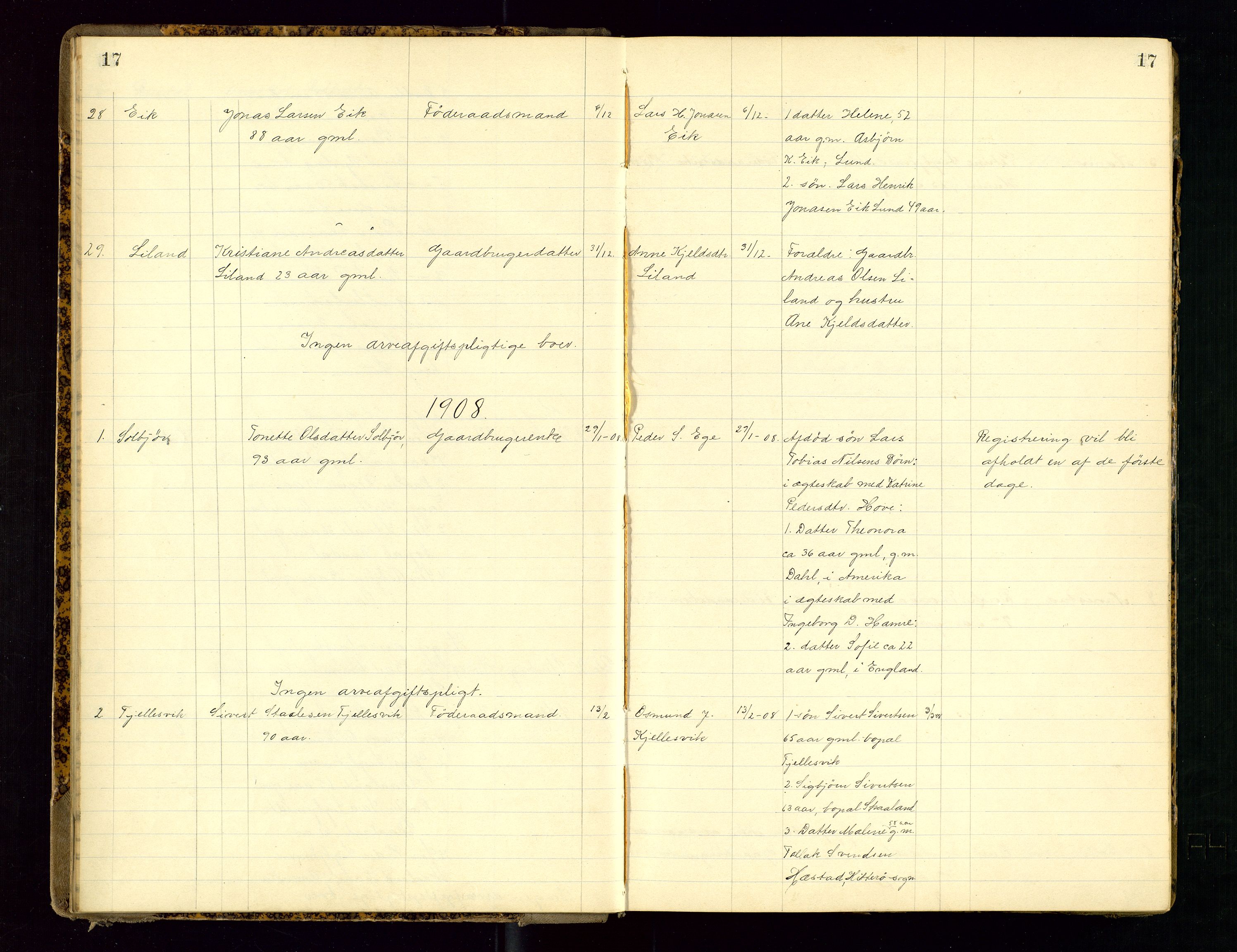 Dalane sorenskriveri, SAST/A-100309/001/5/52/L0001: DØDSFALLPROTOKOLL, 1904-1911, s. 17