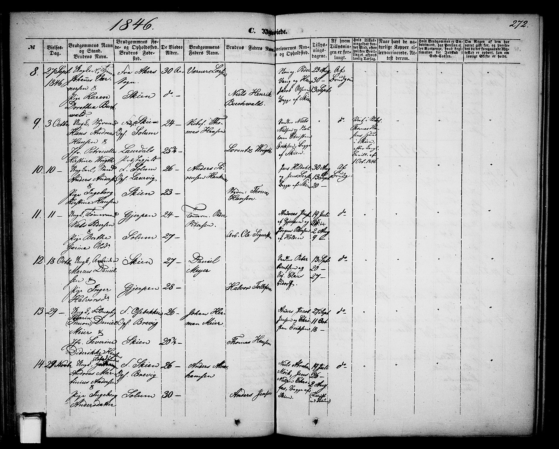 Skien kirkebøker, AV/SAKO-A-302/G/Ga/L0004: Klokkerbok nr. 4, 1843-1867, s. 272