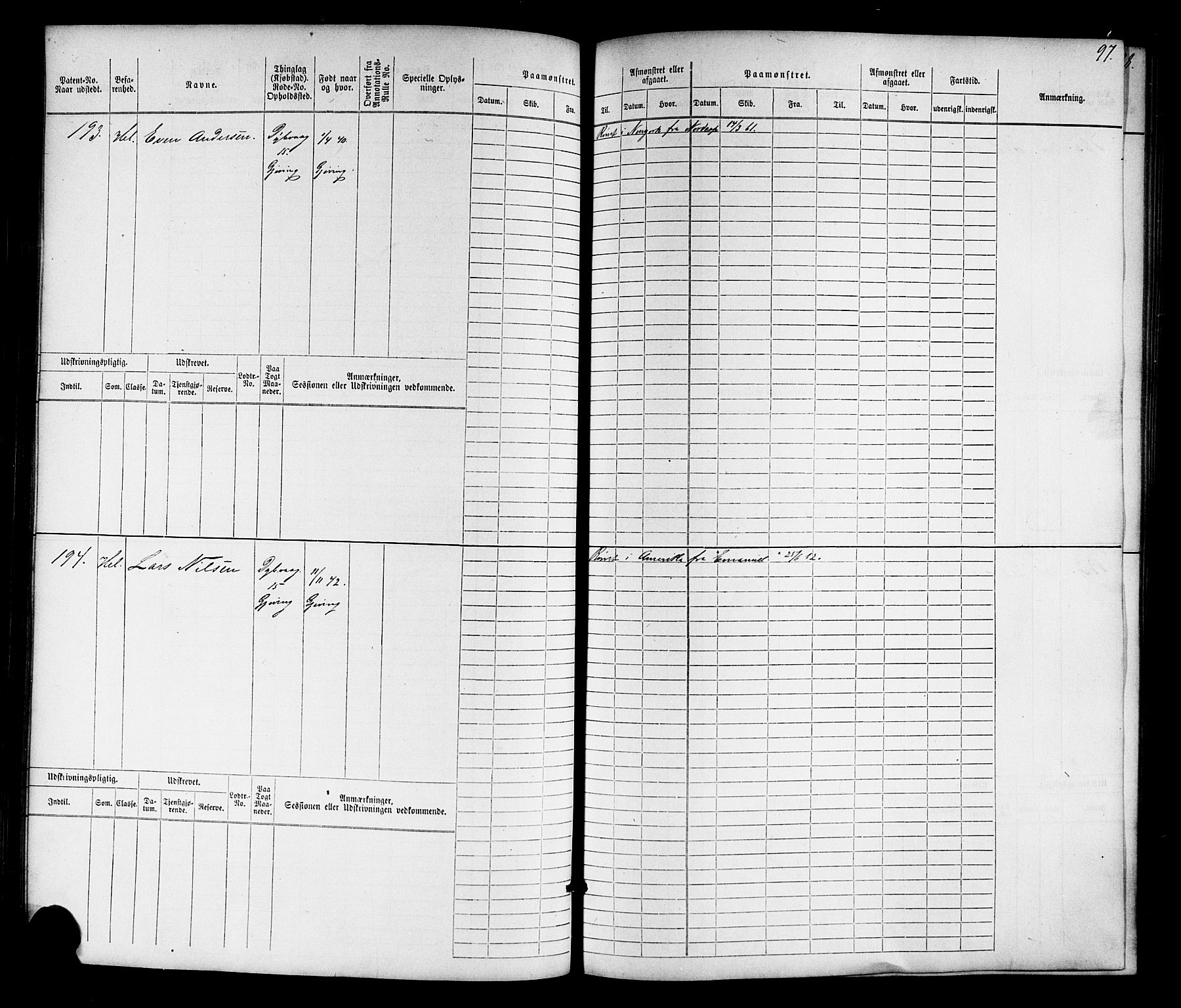 Tvedestrand mønstringskrets, SAK/2031-0011/F/Fb/L0015: Hovedrulle nr 1-766, U-31, 1869-1900, s. 101