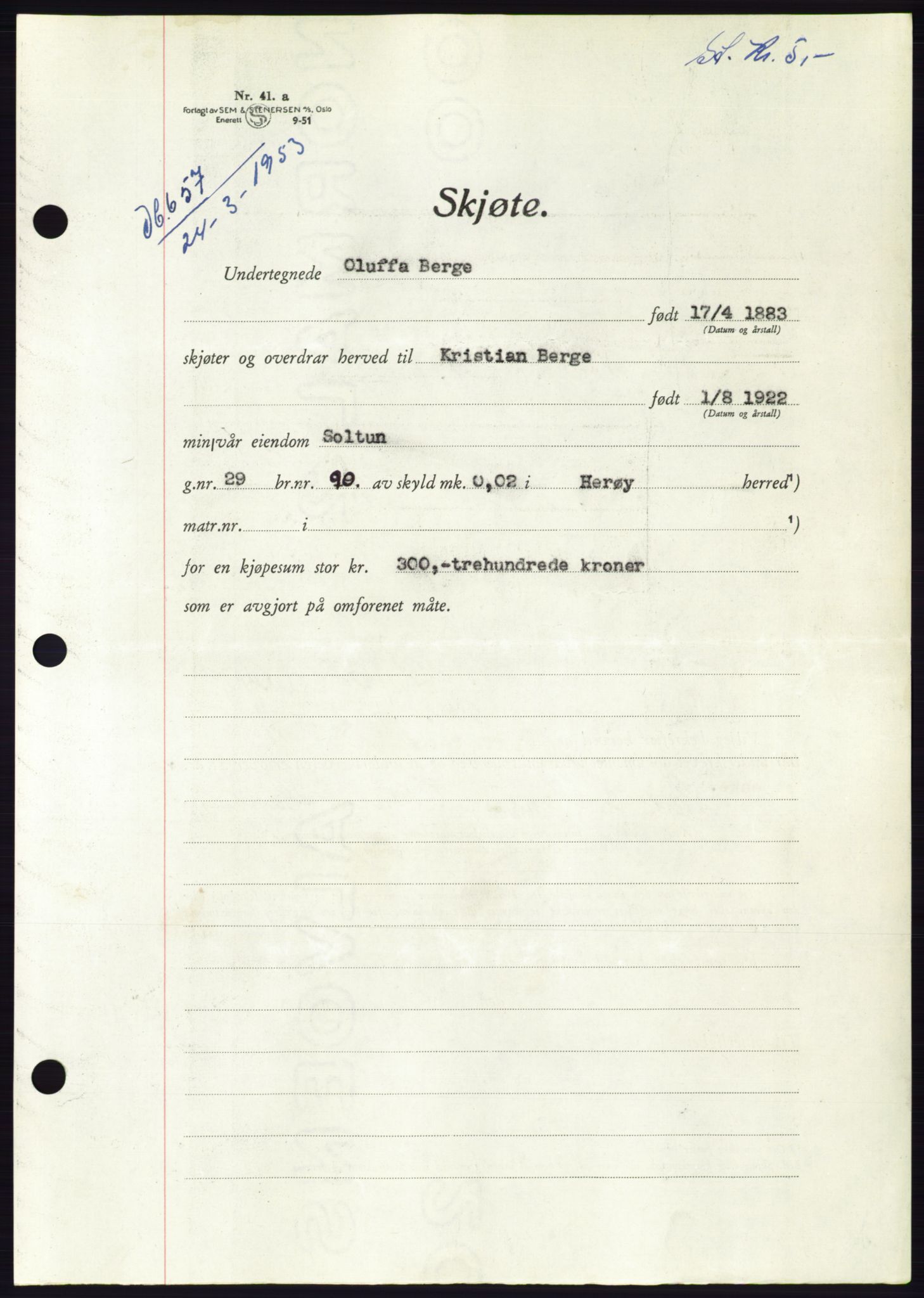 Søre Sunnmøre sorenskriveri, AV/SAT-A-4122/1/2/2C/L0094: Pantebok nr. 20A, 1953-1953, Dagboknr: 657/1953