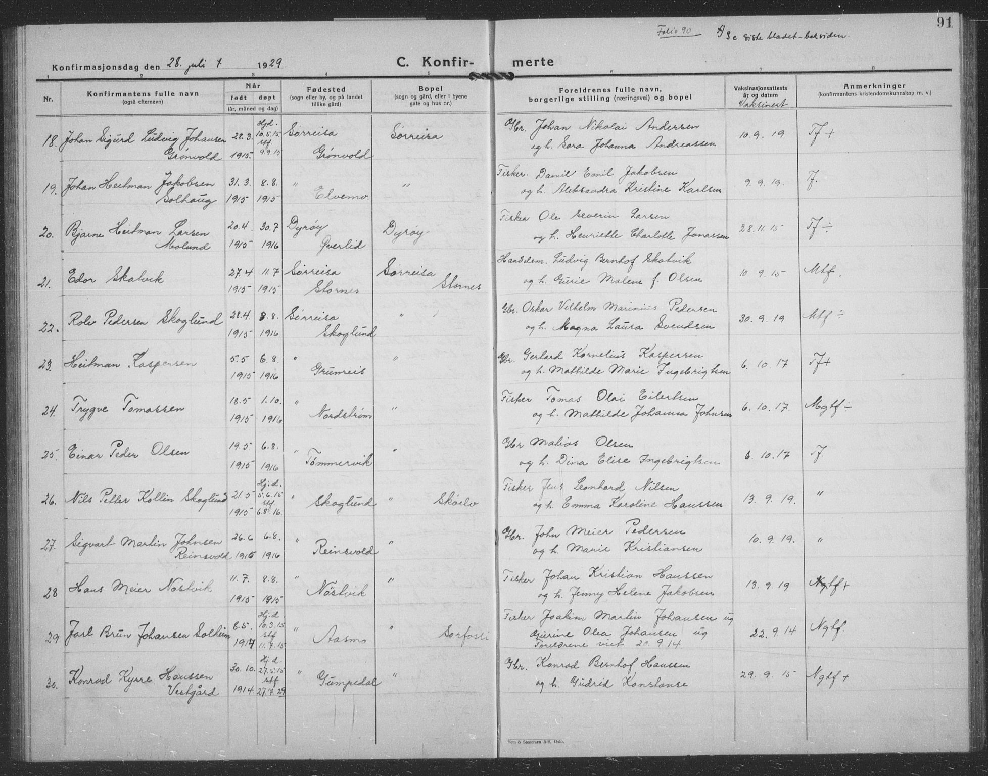 Tranøy sokneprestkontor, AV/SATØ-S-1313/I/Ia/Iab/L0024klokker: Klokkerbok nr. 24, 1929-1943, s. 91