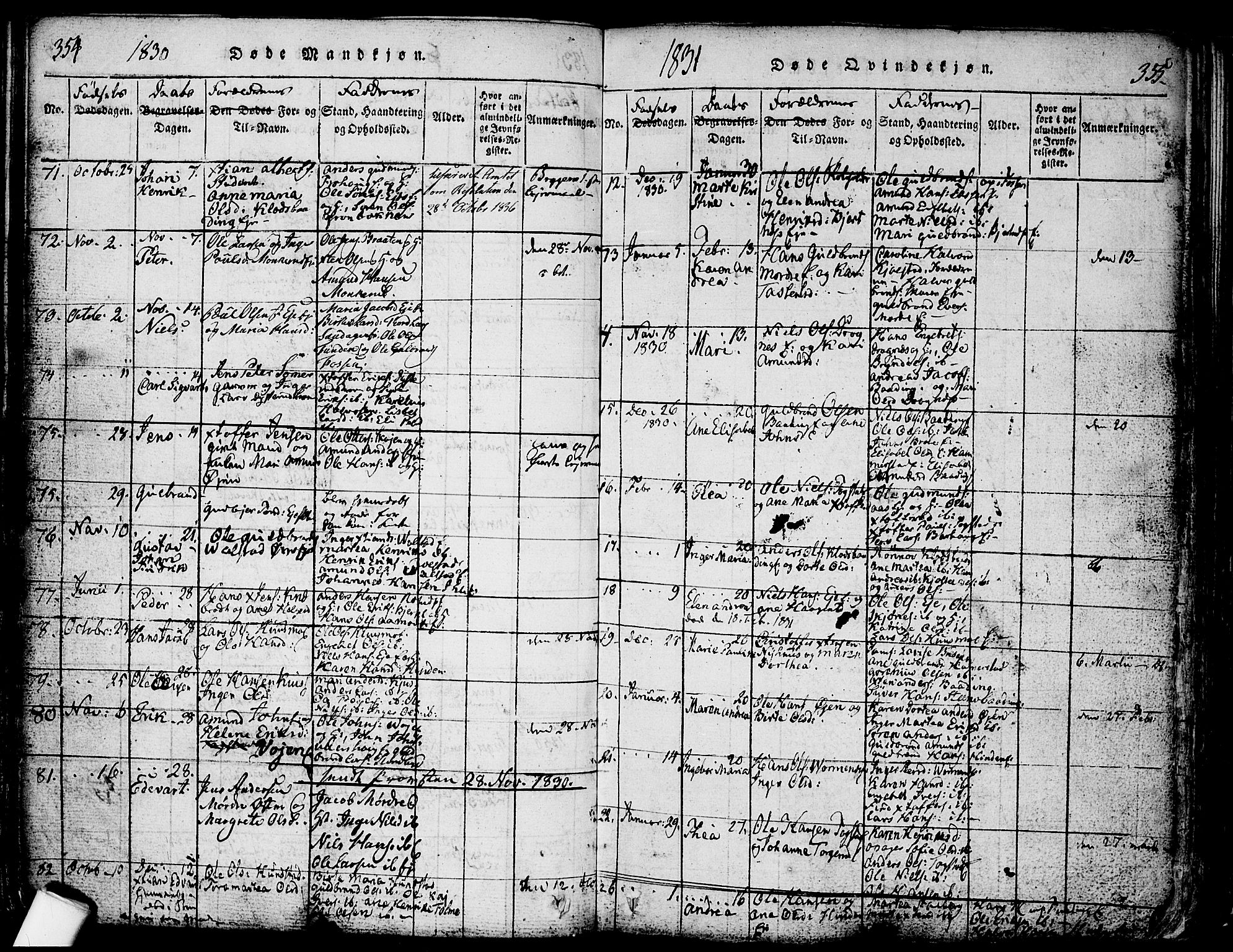 Nes prestekontor Kirkebøker, AV/SAO-A-10410/F/Fa/L0005: Ministerialbok nr. I 5, 1815-1835, s. 354-355