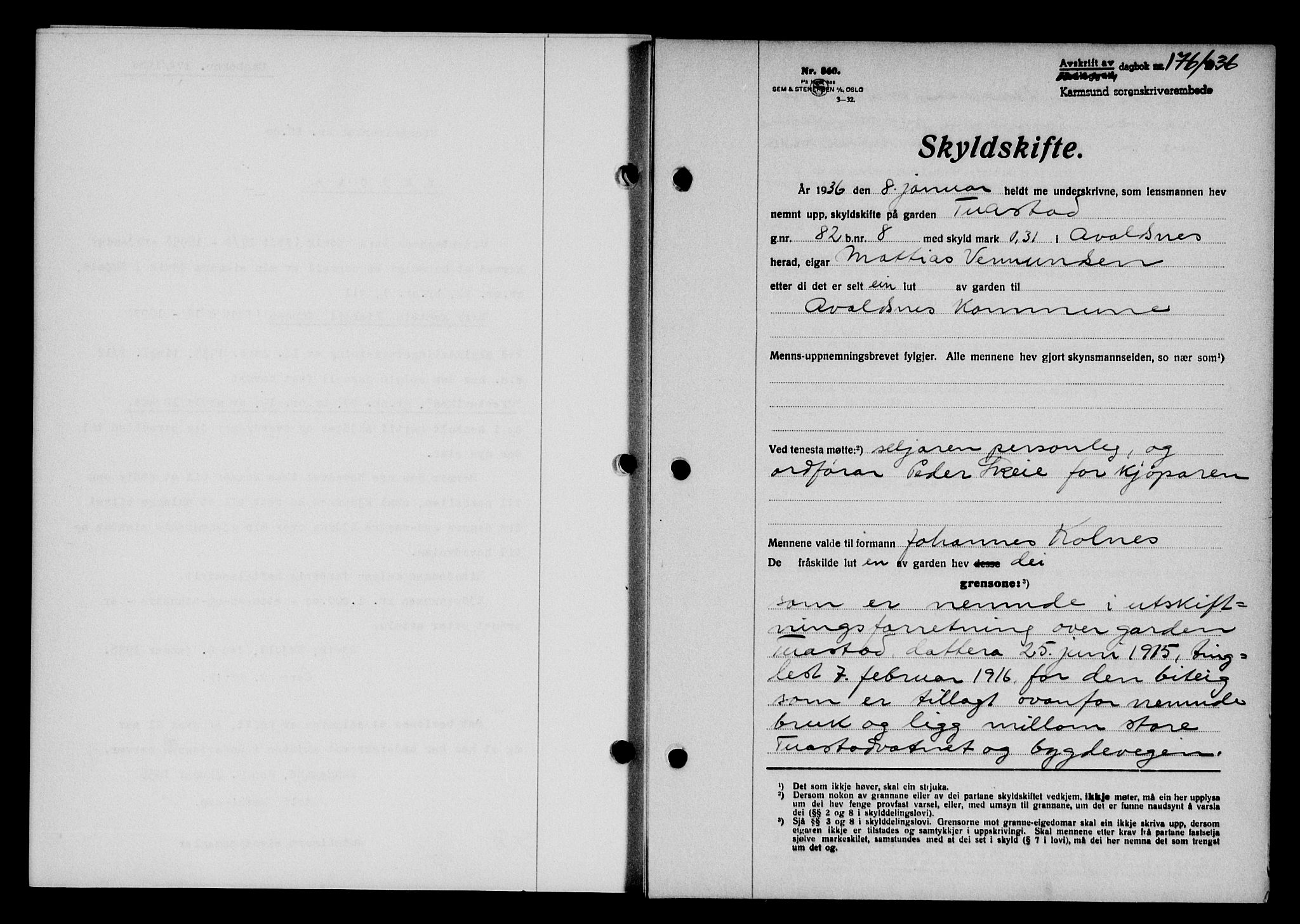 Karmsund sorenskriveri, SAST/A-100311/01/II/IIB/L0066: Pantebok nr. 47A, 1936-1936, Dagboknr: 176/1936