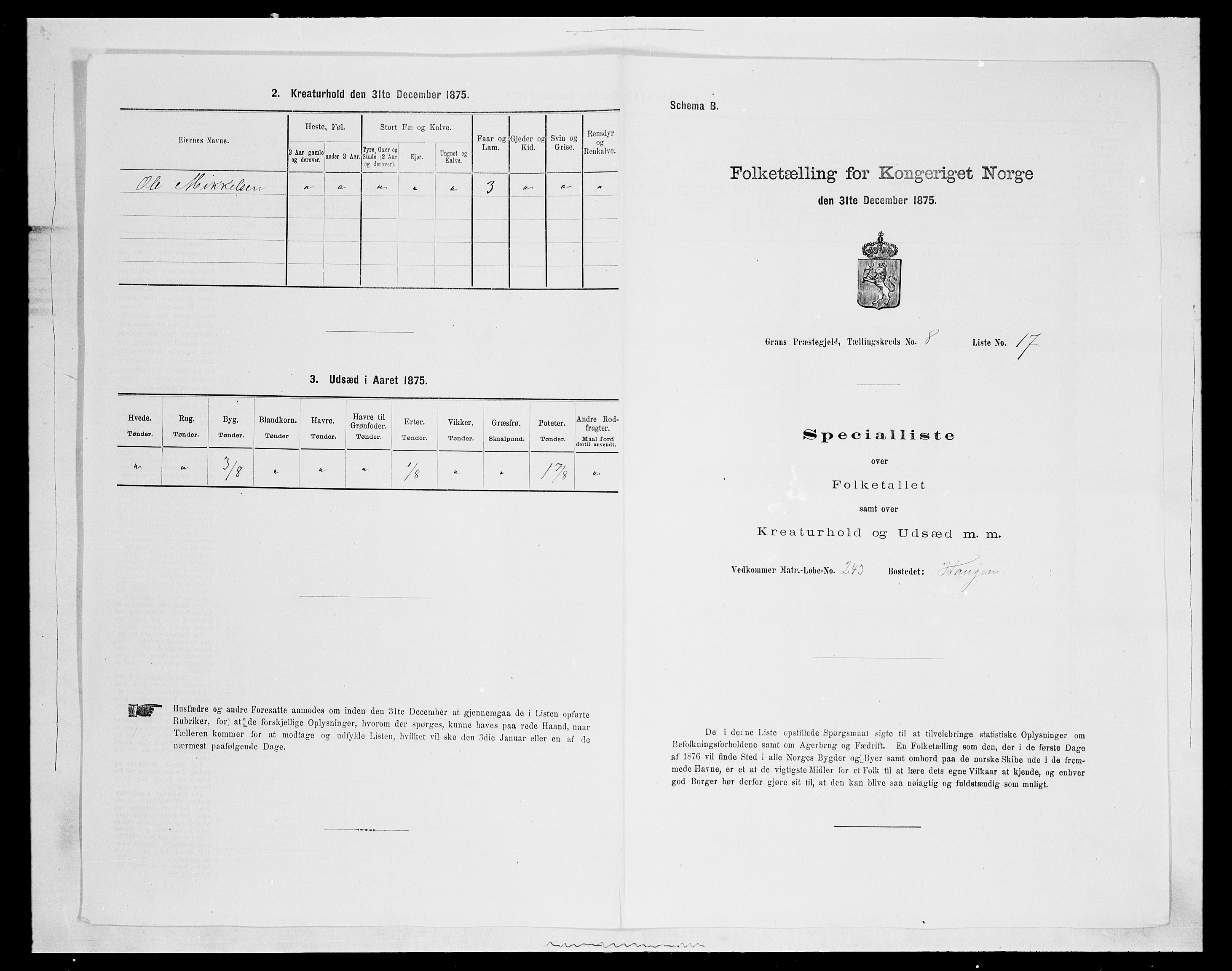 SAH, Folketelling 1875 for 0534P Gran prestegjeld, 1875, s. 1513
