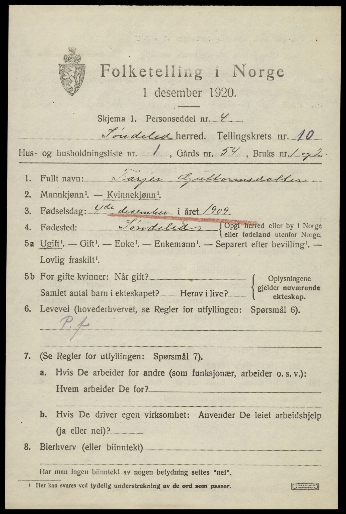 SAK, Folketelling 1920 for 0913 Søndeled herred, 1920, s. 4953