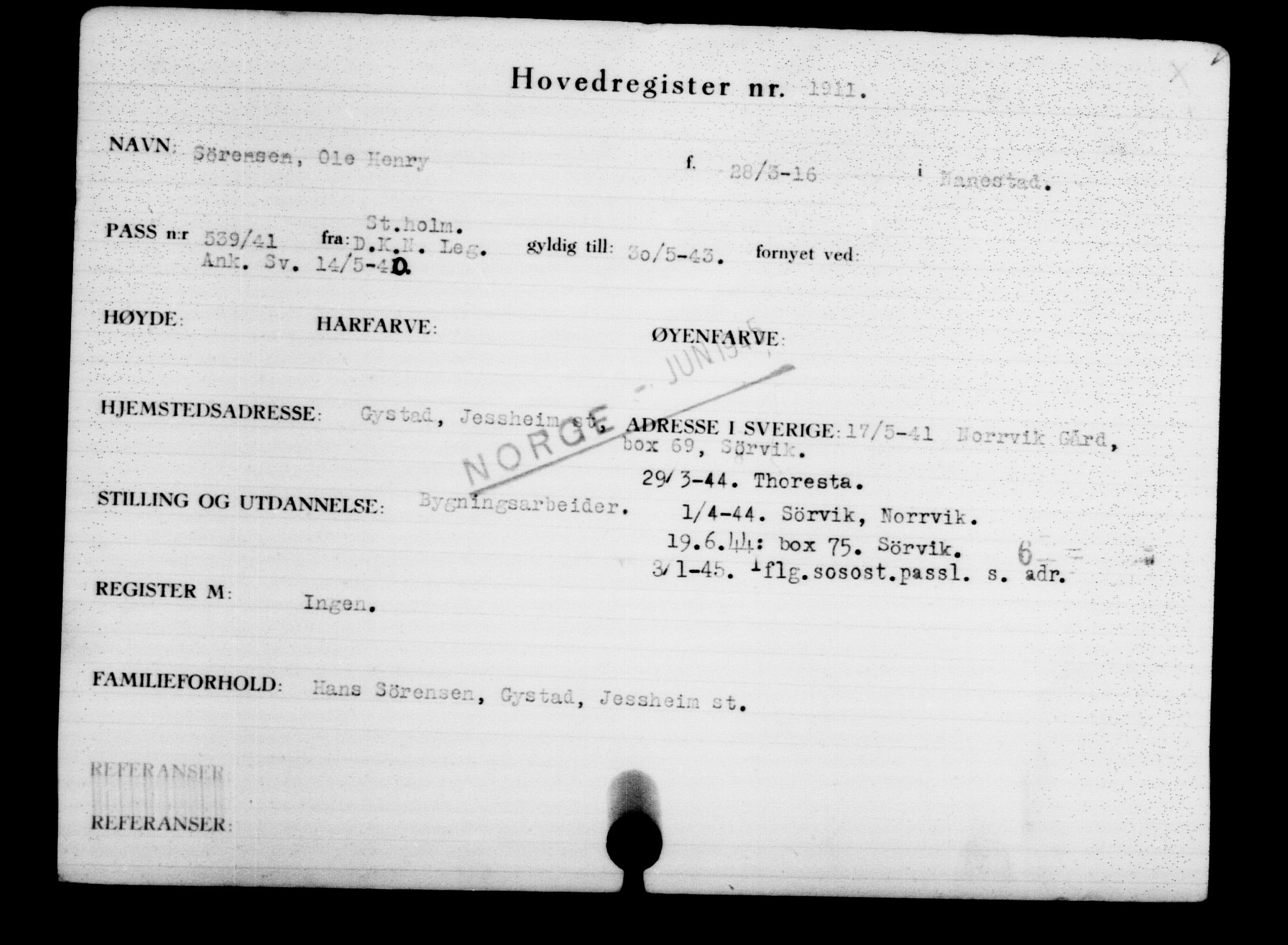 Utenriksstasjonene, Legasjonen i Stockholm, Flyktningkontoret, AV/RA-S-6753/V/Va/L0002: Kjesäterkartoteket, flyktninger med registreringsnr. 1001-2000, 1940-1945, s. 1299
