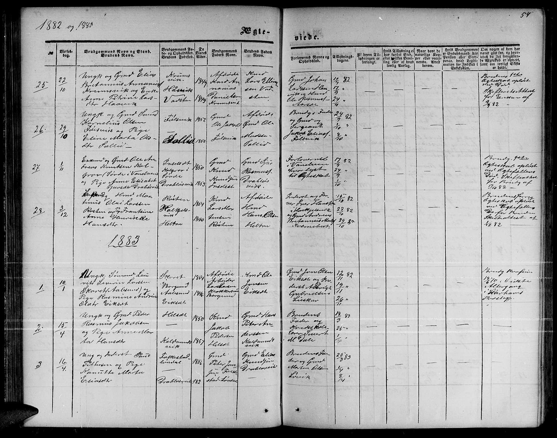 Ministerialprotokoller, klokkerbøker og fødselsregistre - Møre og Romsdal, SAT/A-1454/511/L0157: Klokkerbok nr. 511C03, 1864-1884, s. 54