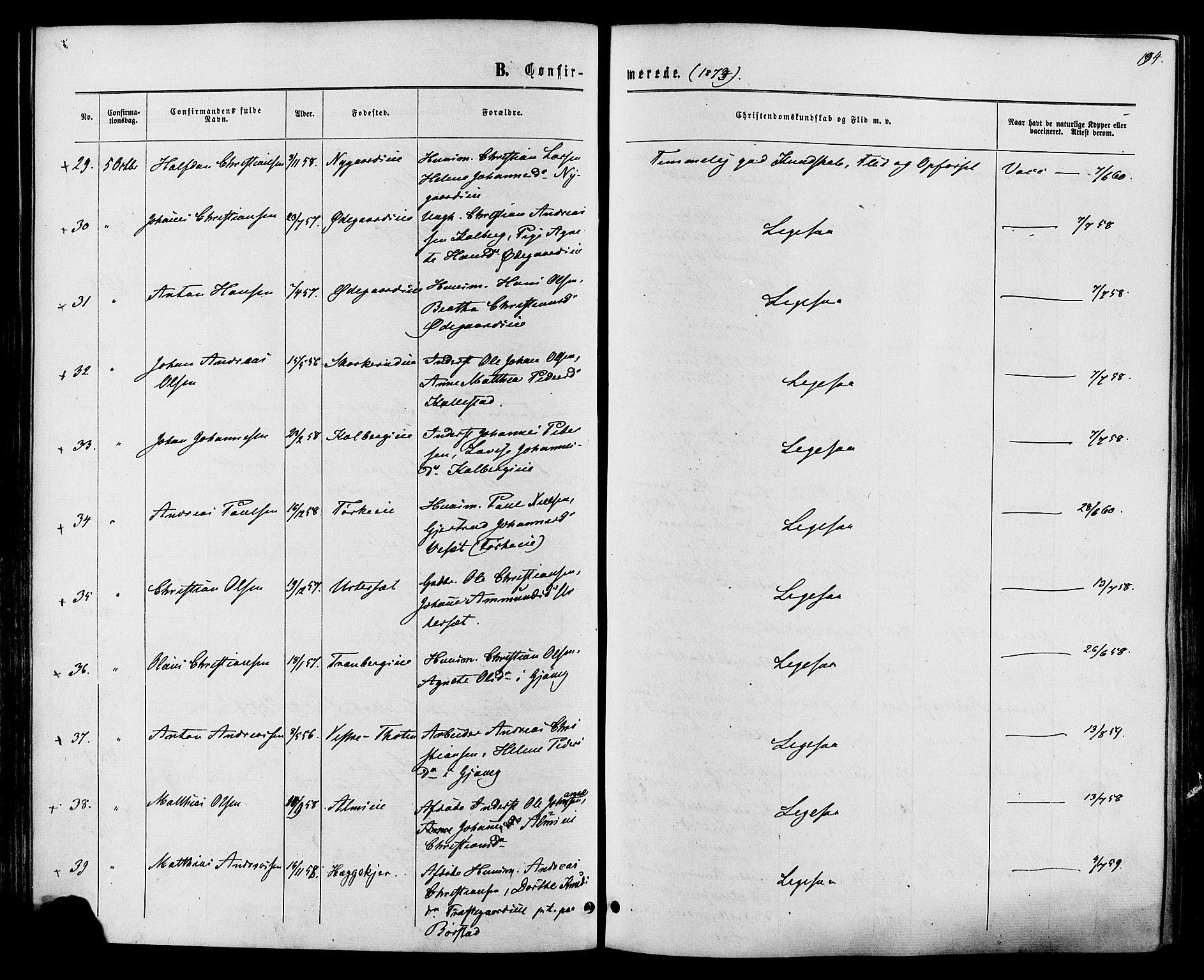 Vardal prestekontor, AV/SAH-PREST-100/H/Ha/Haa/L0007: Ministerialbok nr. 7, 1867-1878, s. 194